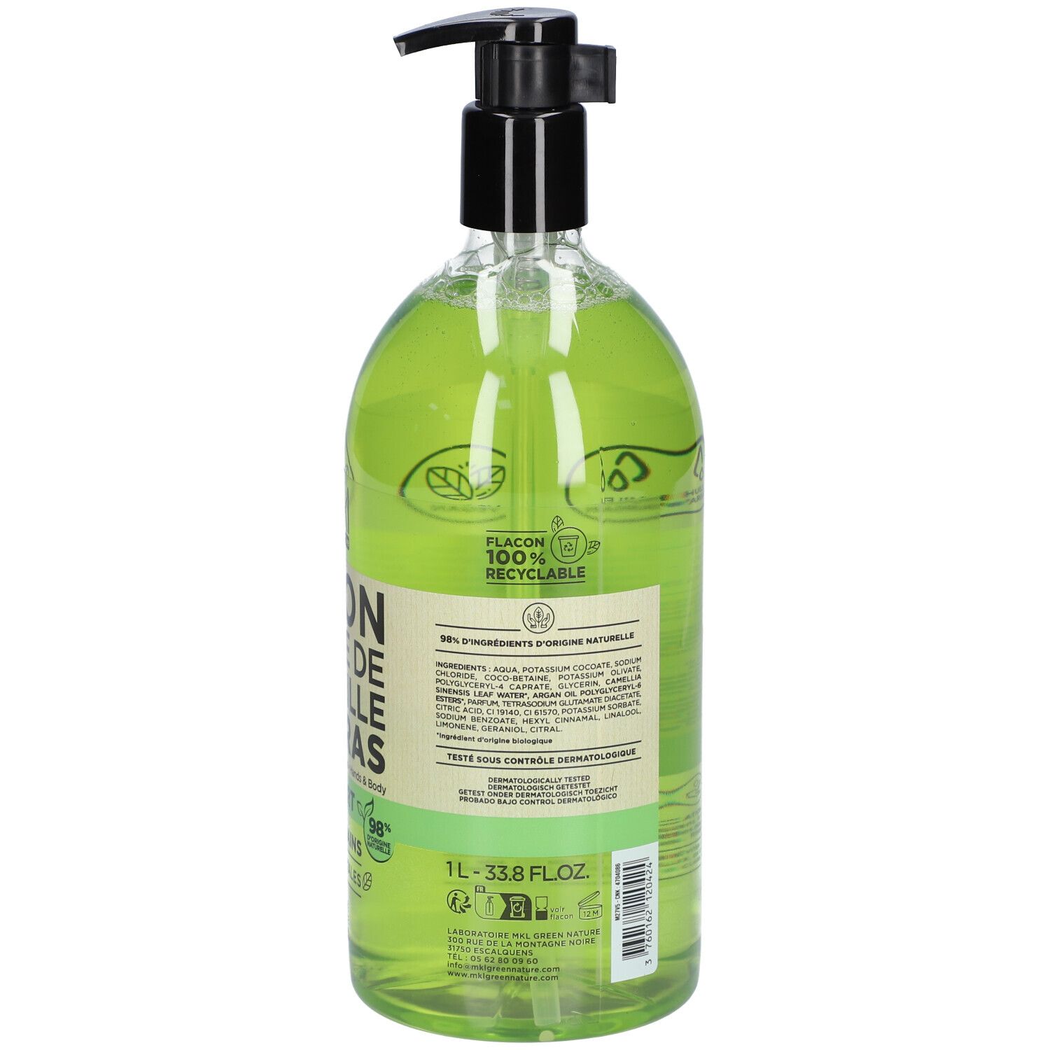 Achterkant van de groene vloeibare zeepfles. Tekst: SAVON LIQUIDE DE MARSEILLE SURGRAS, Thé Vert. Met ingrediënten en logo's.