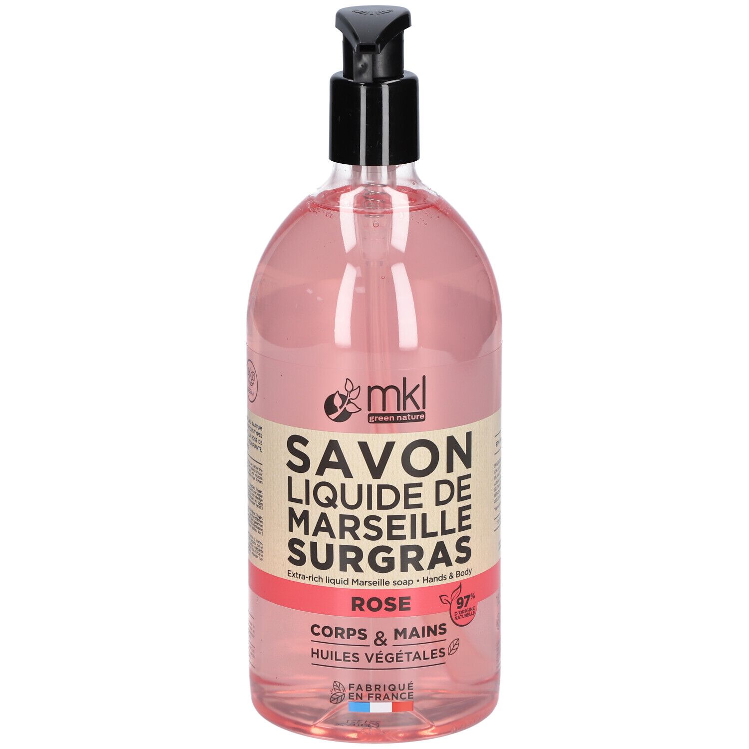 Rosa Flüssigseife in einer Flasche mit schwarzem Spender. Text: SAVON LIQUIDE DE MARSEILLE SURGRAS, ROSE, CORPS & MAINS.