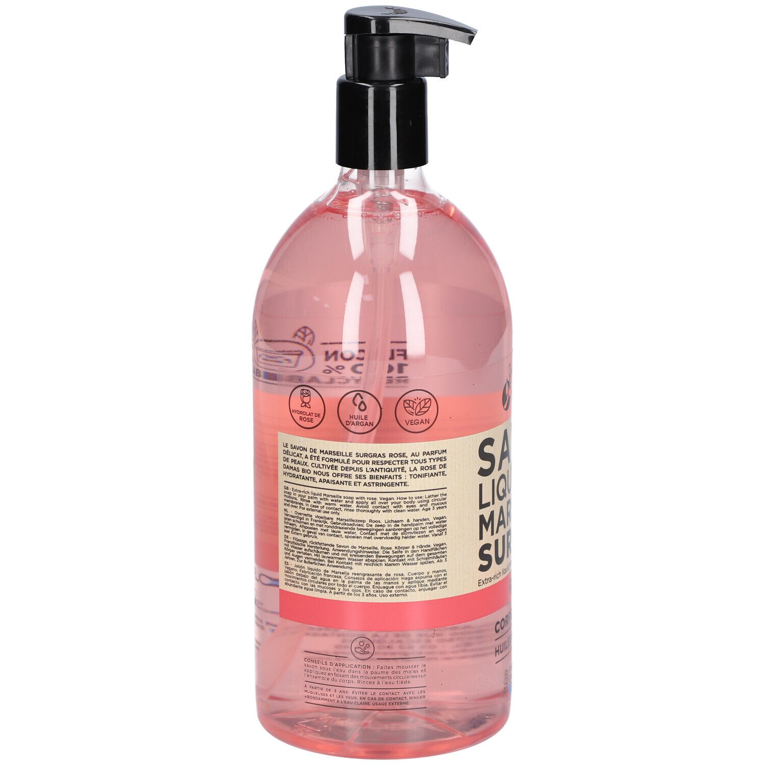 Rückseite der rosa Flüssigseifenflasche. Text: SAVON LIQUIDE DE MARSEILLE SURGRAS. Informationen zum Produkt und Inhaltsstoffe.