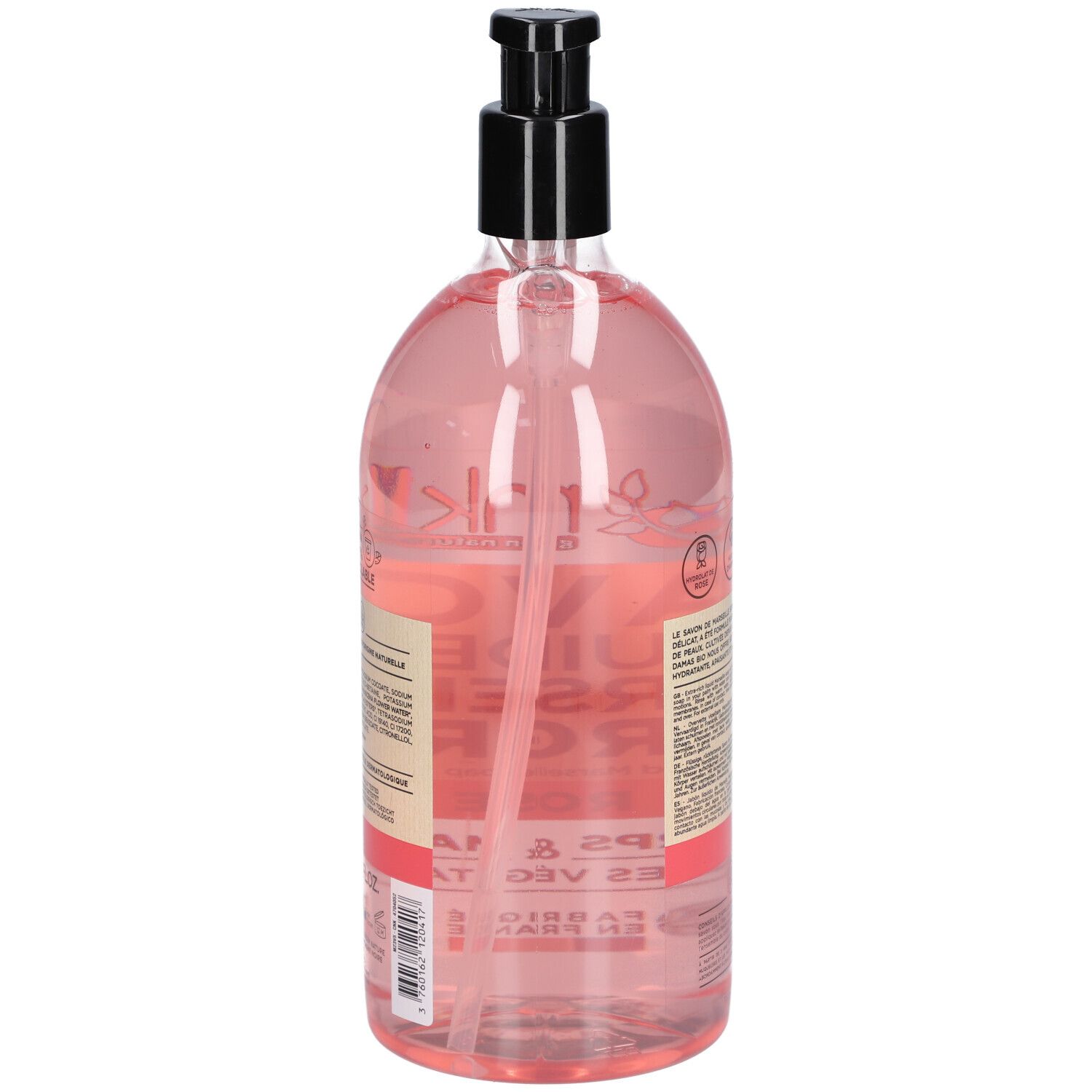 Rückansicht der rosa Flüssigseifenflasche. Text: SAVON LIQUIDE DE MARSEILLE SURGRAS. Produktinformationen und Inhaltsstoffe.