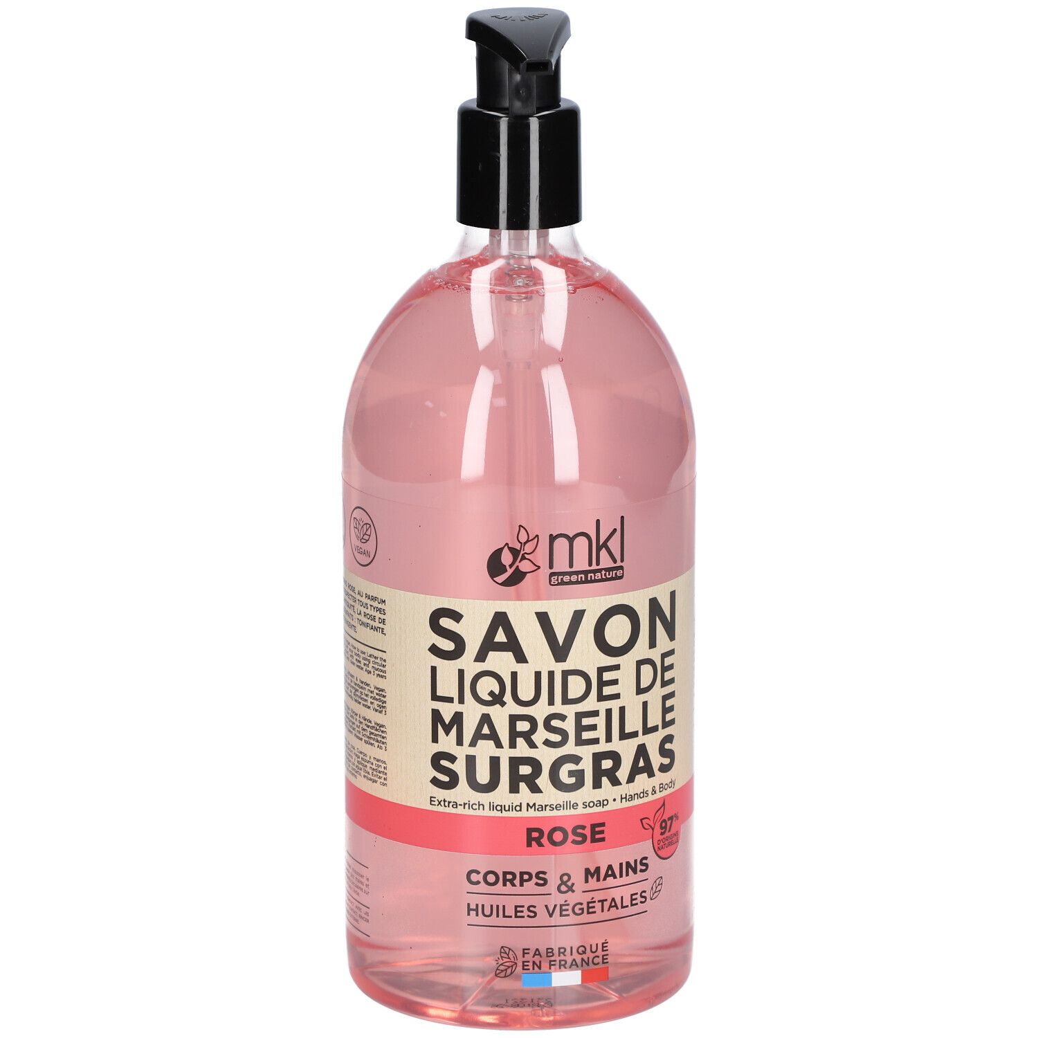 Rosa Flüssigseife in einer Flasche mit schwarzem Spender. Text: SAVON LIQUIDE DE MARSEILLE SURGRAS, ROSE, CORPS & MAINS.