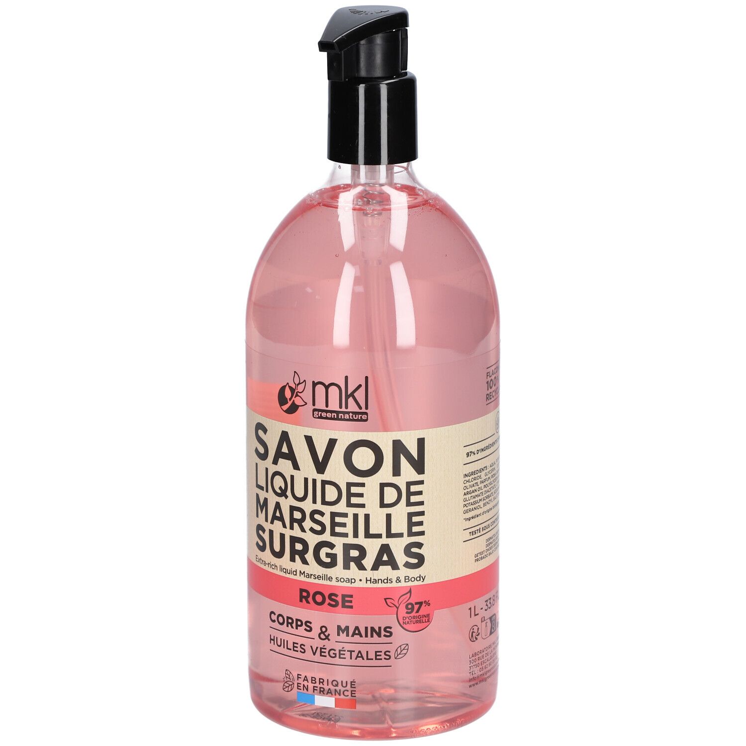 Rosa Flüssigseife in einer Flasche mit schwarzem Spender. Text: SAVON LIQUIDE DE MARSEILLE SURGRAS, ROSE, CORPS & MAINS. 1L.