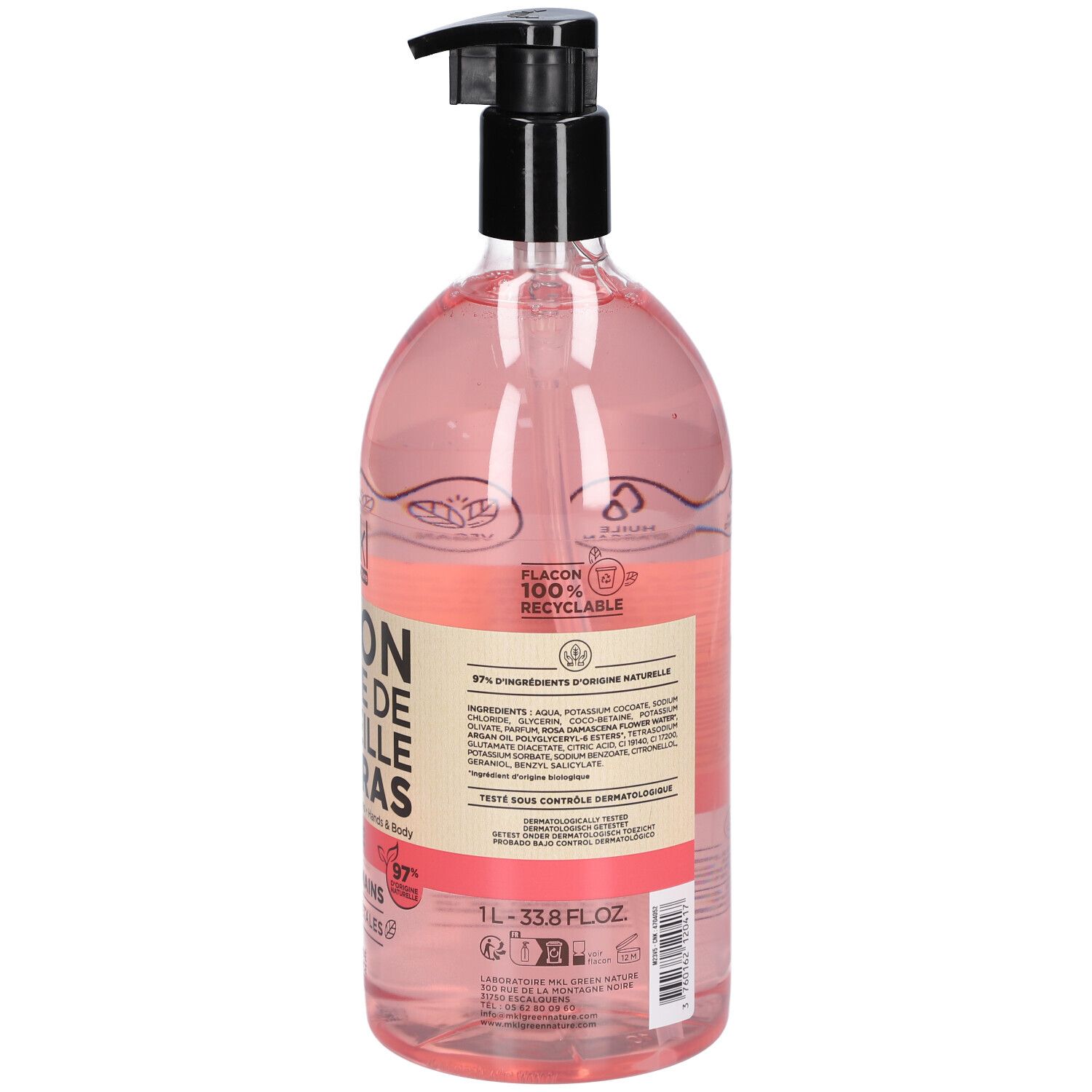 Rückseite der rosa Flüssigseifenflasche. Text: SAVON LIQUIDE DE MARSEILLE SURGRAS. Inhaltsstoffe, 1L, 33.8 FL.OZ. Recycelbar.
