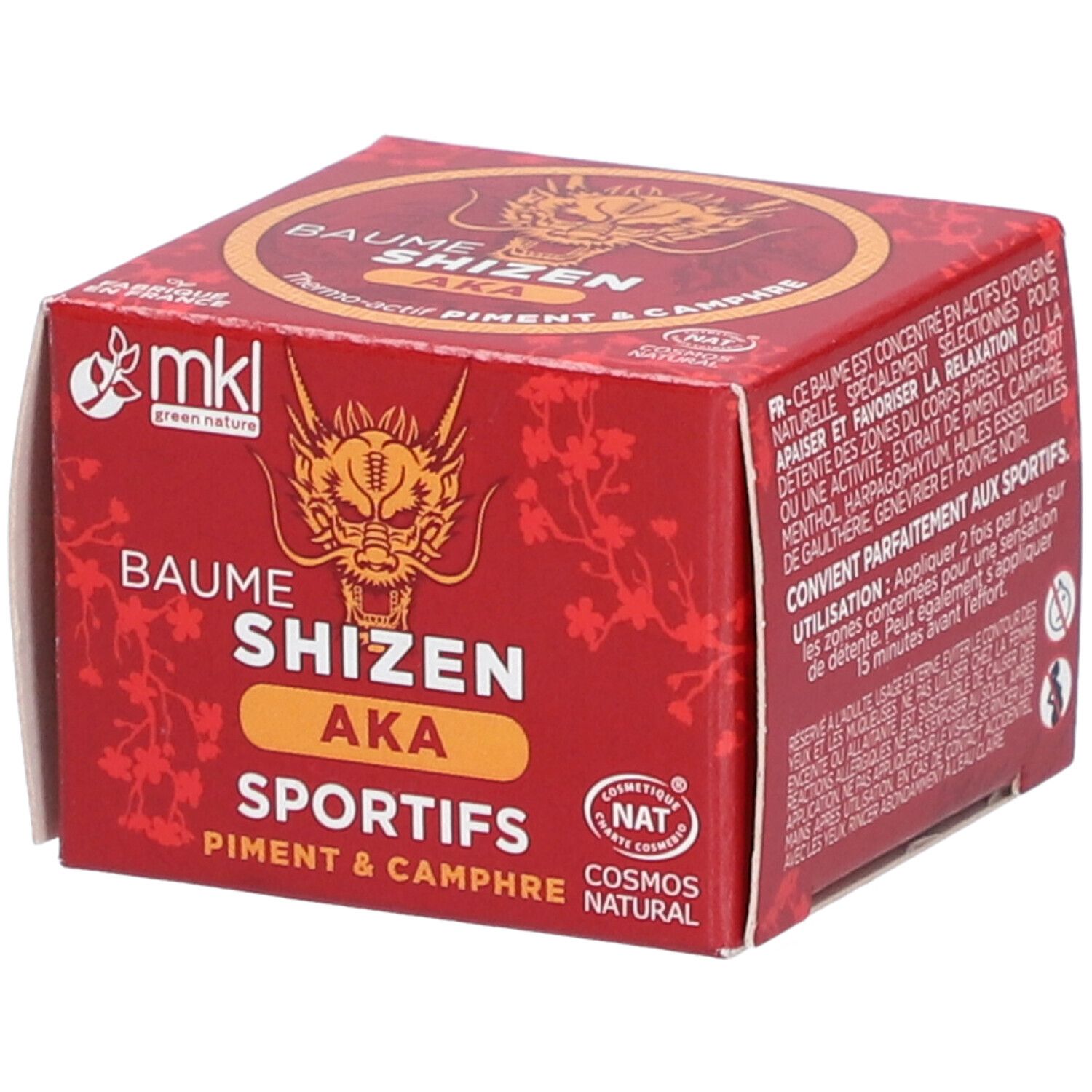 Boîte carrée rouge avec nom du produit et logo. Contient du texte en français. Certification : Cosmos Natural.