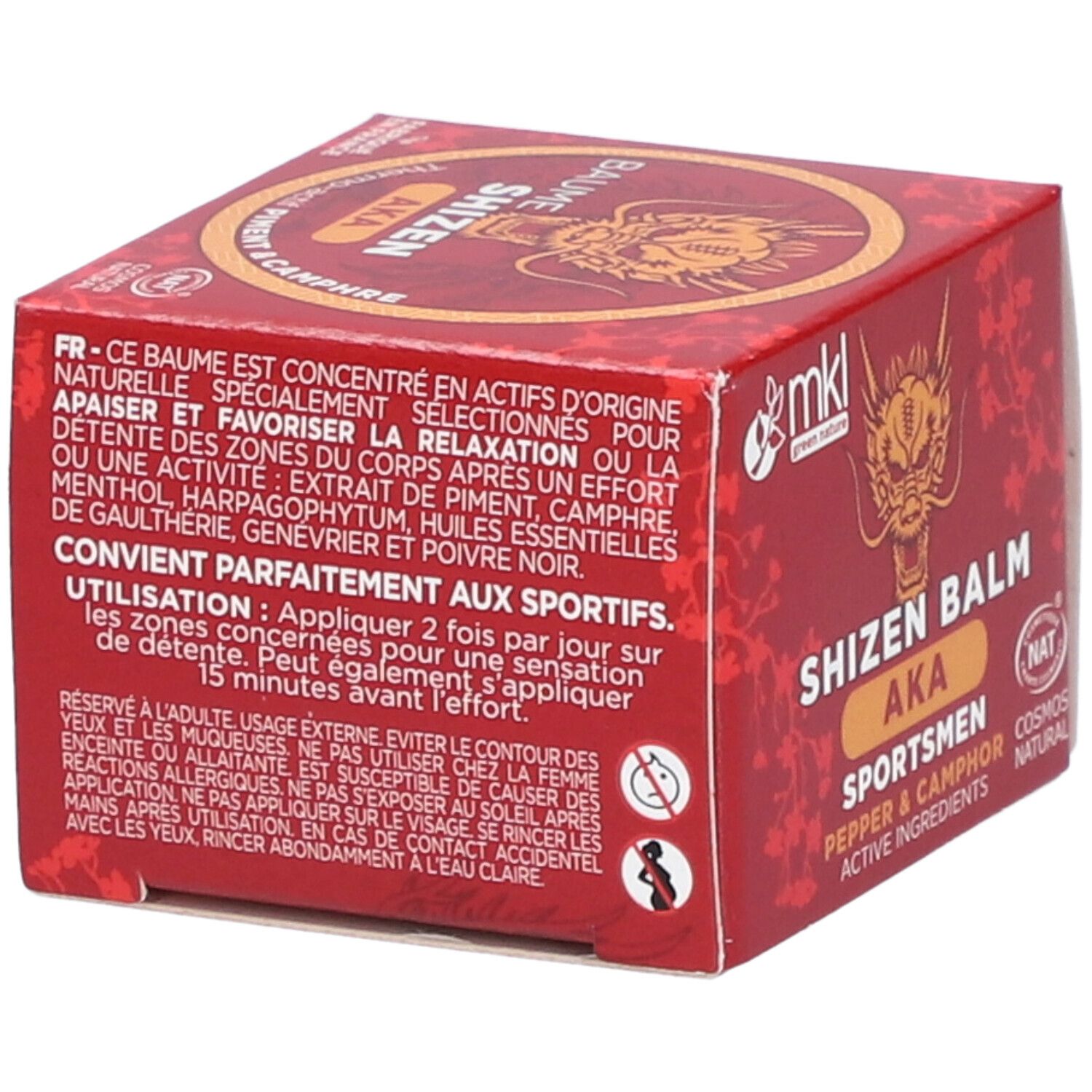 Boîte carrée rouge avec nom du produit et logo. Contient du texte en français. Certification : Cosmos Natural.