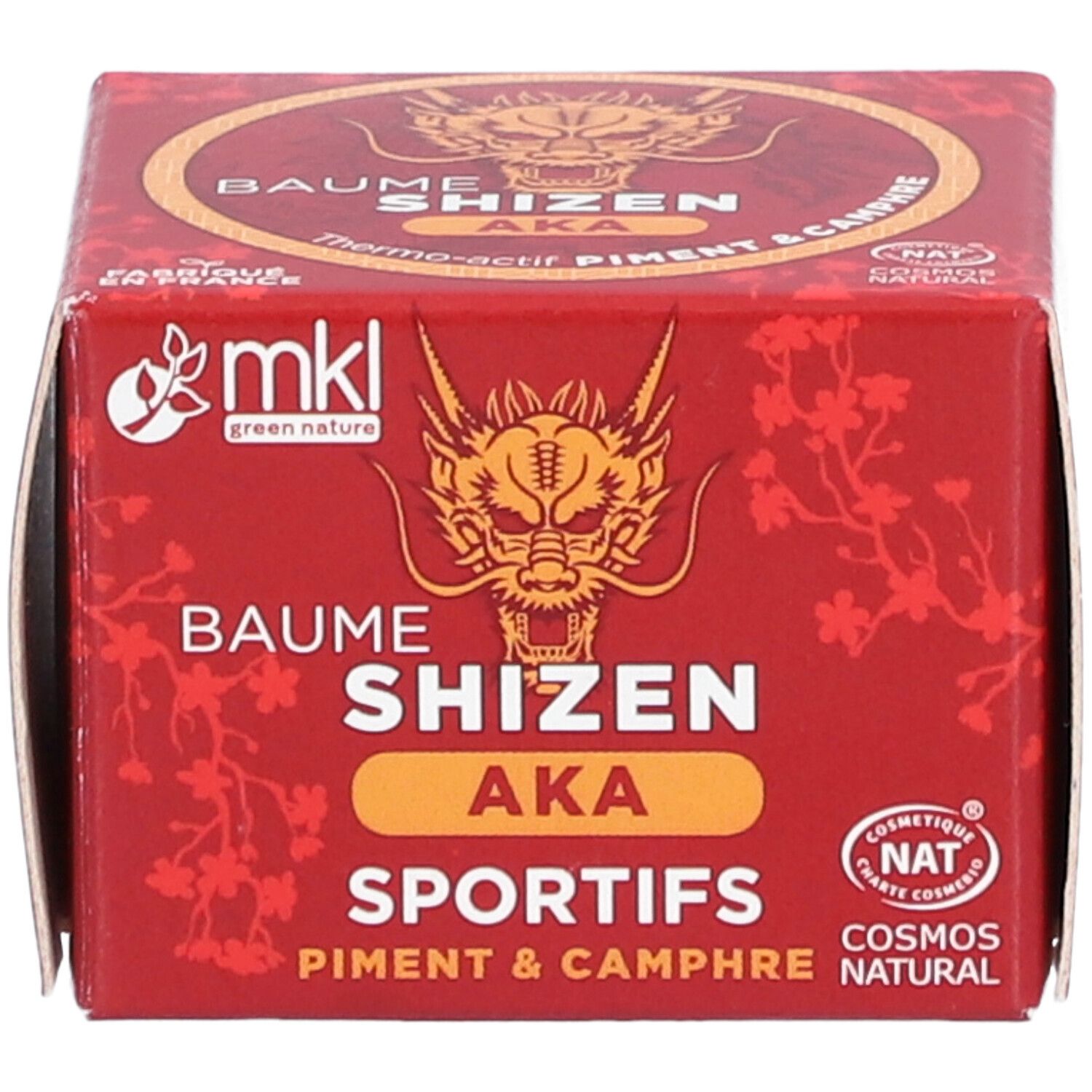 Boîte carrée rouge avec nom du produit et logo. Certification : Cosmos Natural.