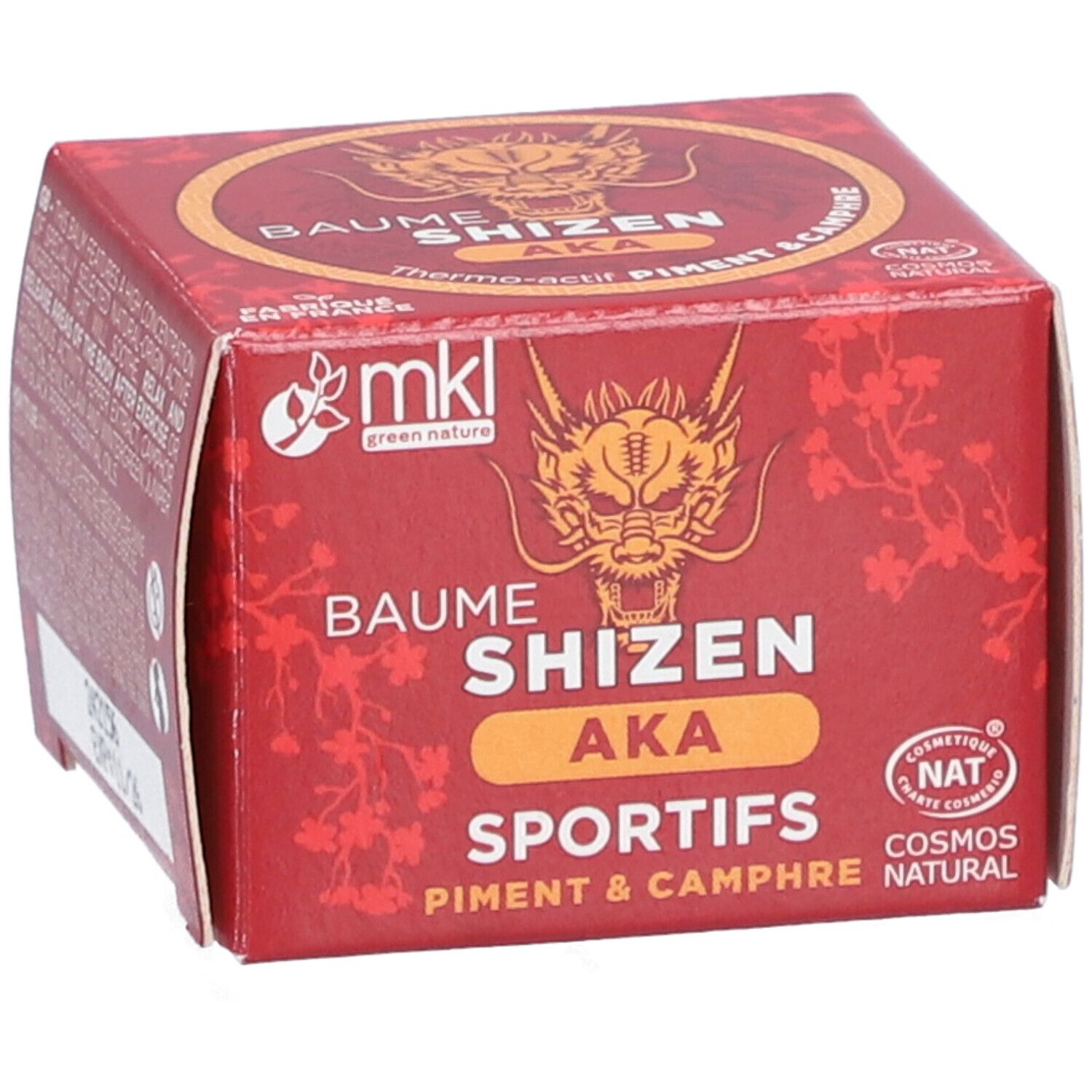 Boîte carrée rouge avec nom du produit et logo. Certification : Cosmos Natural.