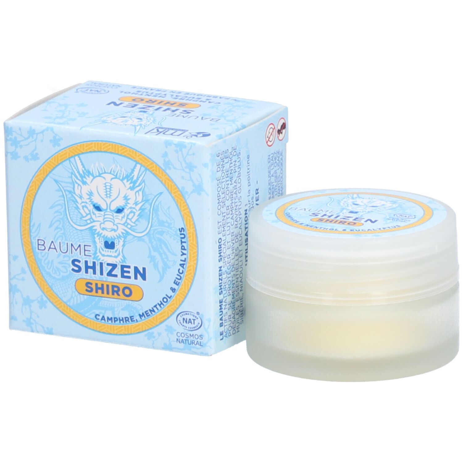 Pot et boîte de crème. Inscription: Baume Shizen Shiro. Avertissement. Certification NAT.