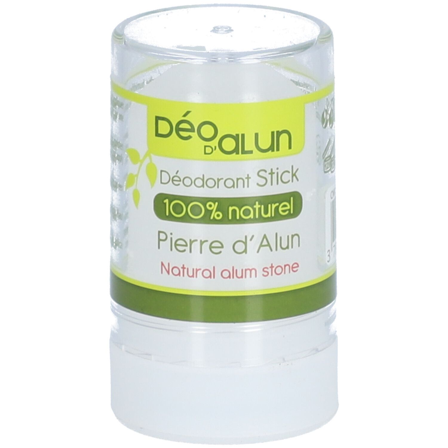 Stick déodorant en emballage cylindrique. Inscription : Déo d'Alun, 100% naturel, Pierre d'Alun. Bande verte.