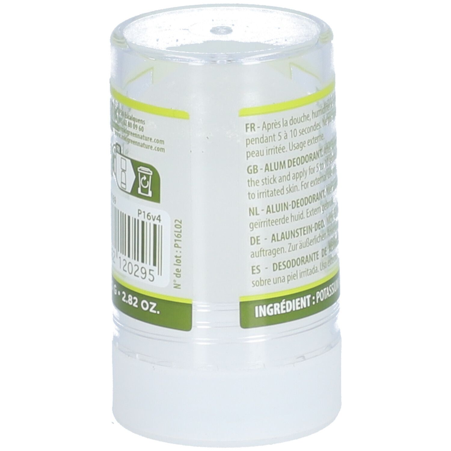 Dos du stick déodorant. Texte multilingue. Poids : 2.82 oz. Bande verte.