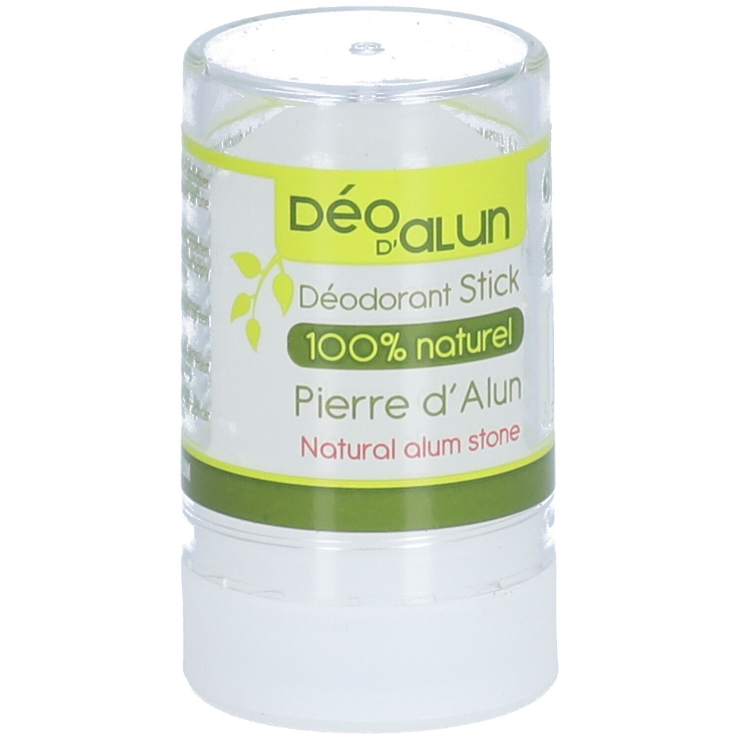 Stick déodorant en emballage cylindrique. Inscription : Déo d'Alun, 100% naturel, Pierre d'Alun. Bande verte.