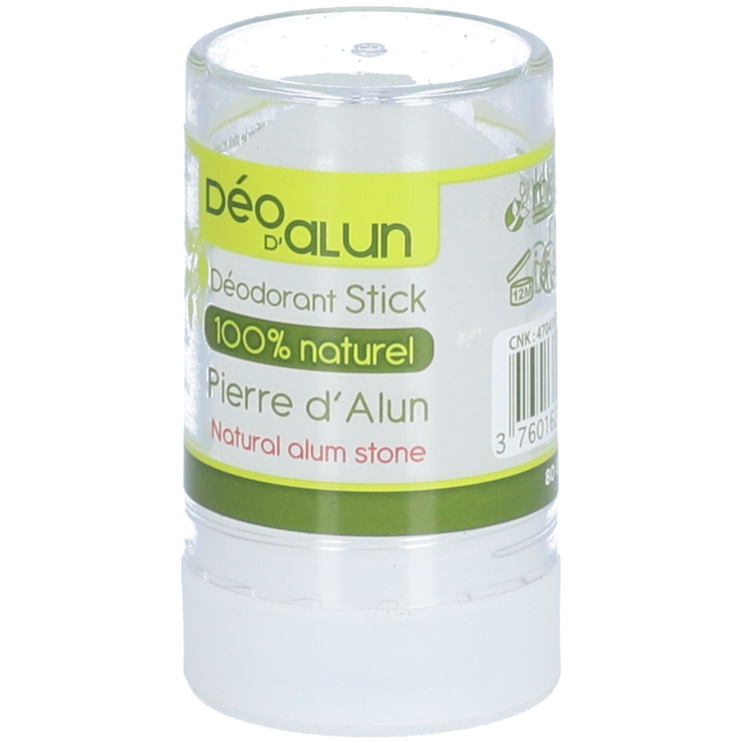 Stick déodorant en emballage cylindrique. Inscription : Déo d'Alun, 100% naturel, Pierre d'Alun. Bande verte. Code-barres.