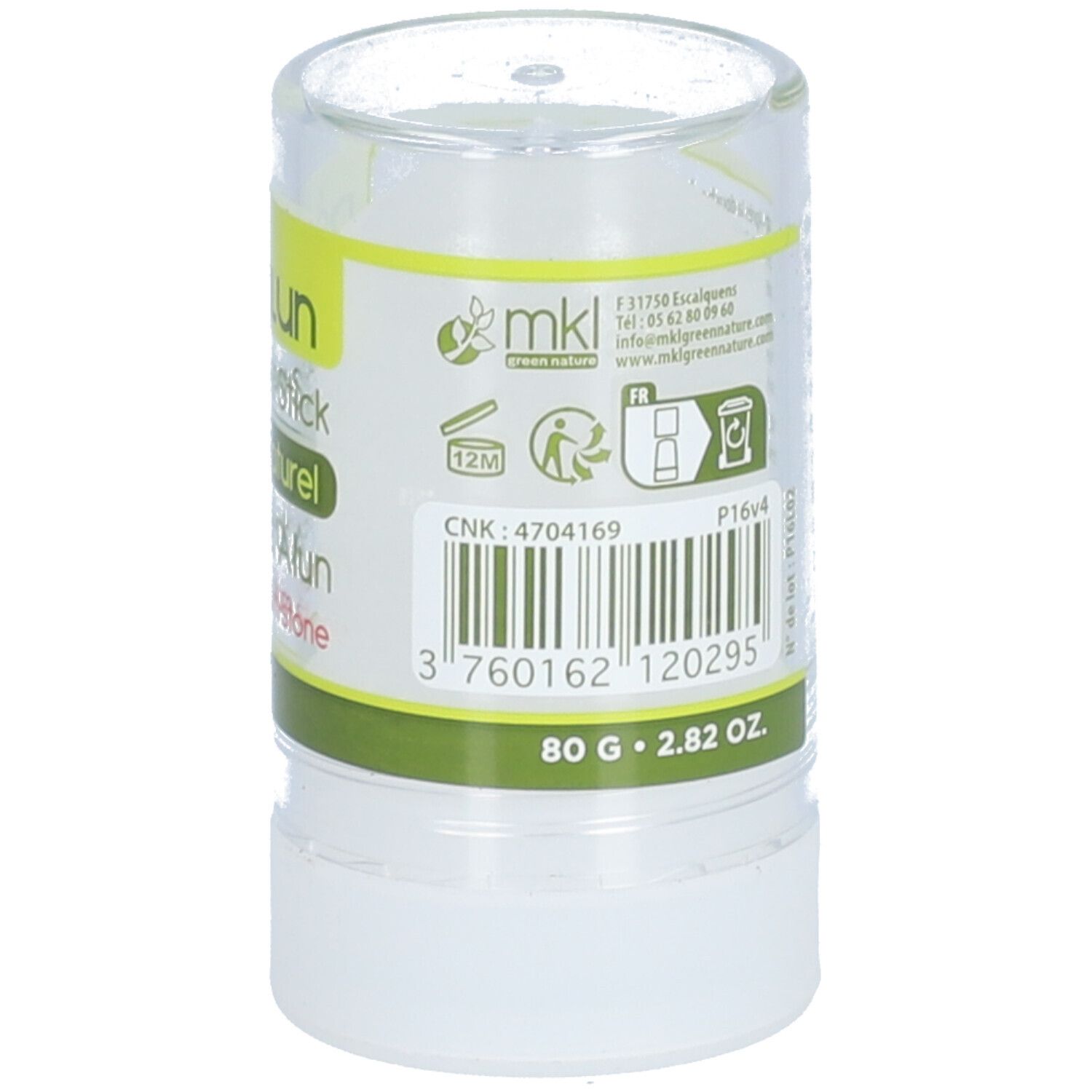 Dos du stick déodorant. Texte, code-barres, poids : 80 g - 2.82 oz. Bande verte. Logos.