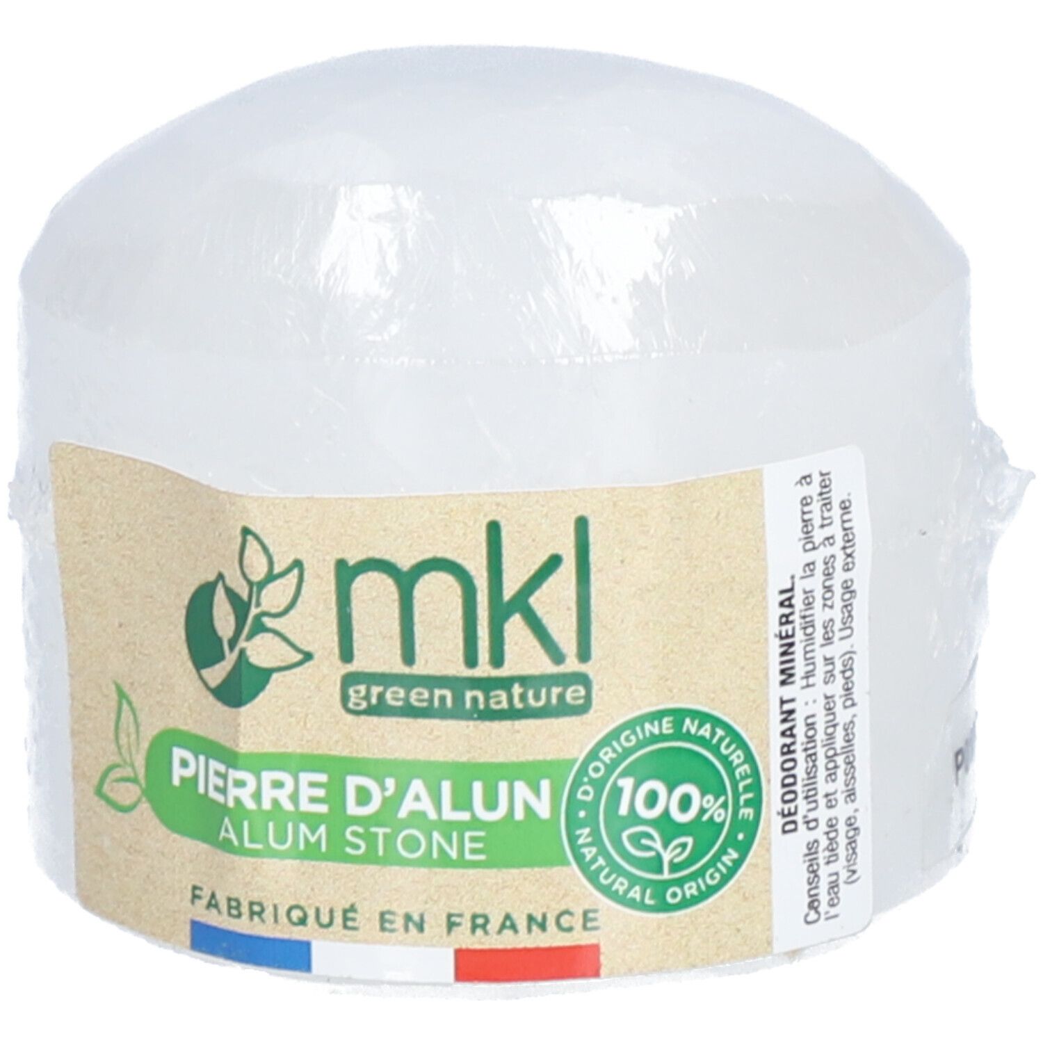 Pierre d'alun blanche emballée. Inscription : mkl green nature, Pierre d'Alun, 100% origine naturelle, Fabriqué en France.