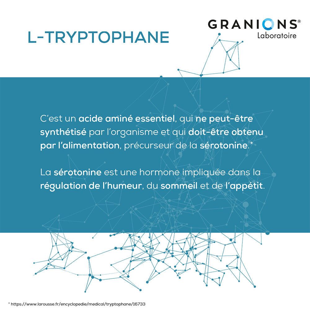 Text über L-Tryptophan, ein essentieller Aminosäure-Vorläufer von Serotonin. Blaue Grafik mit weißen Linien.