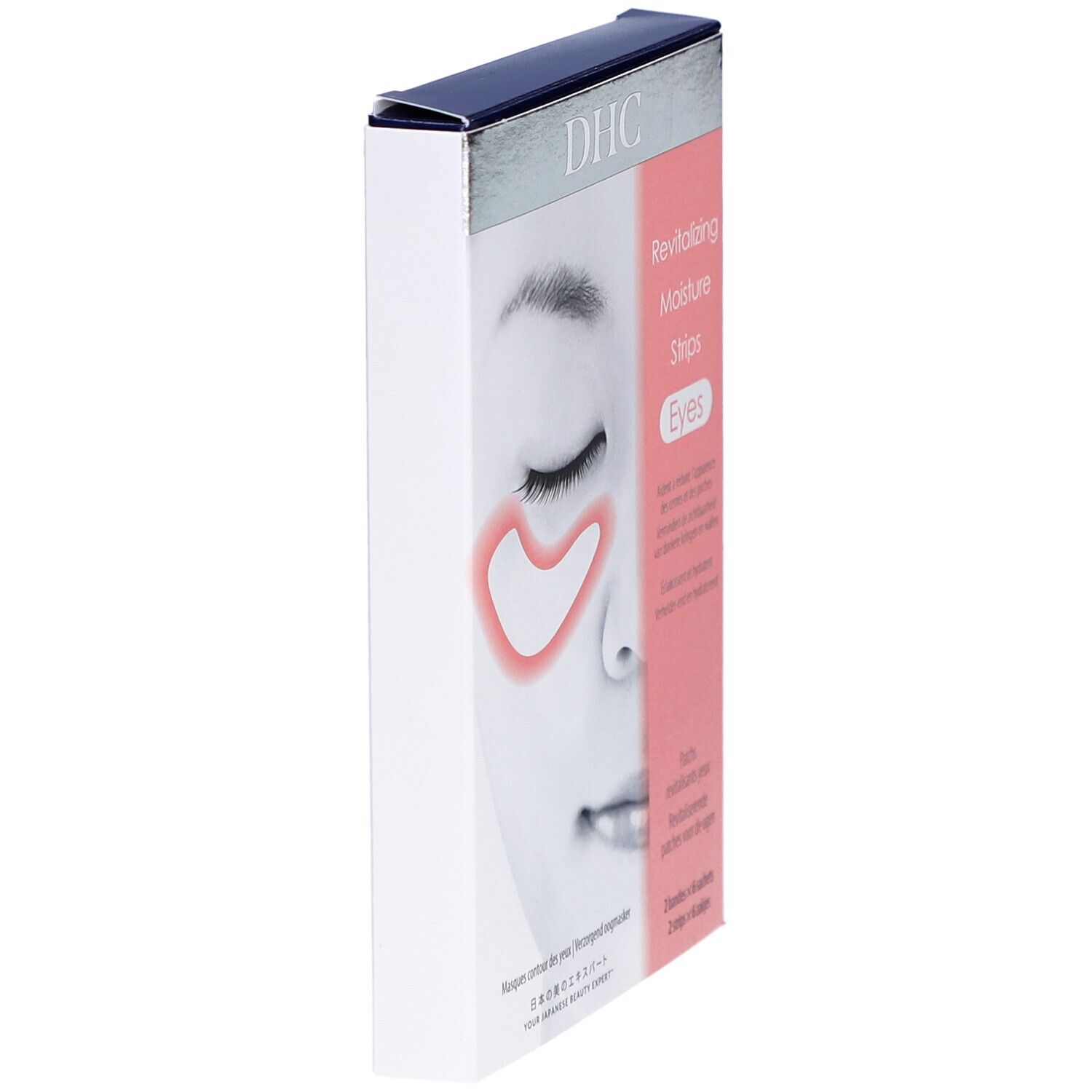Boîte DHC, vue latérale. Texte: Revitalizing Moisture Striips Eyes. Illustration d'un visage avec patchs pour les yeux.