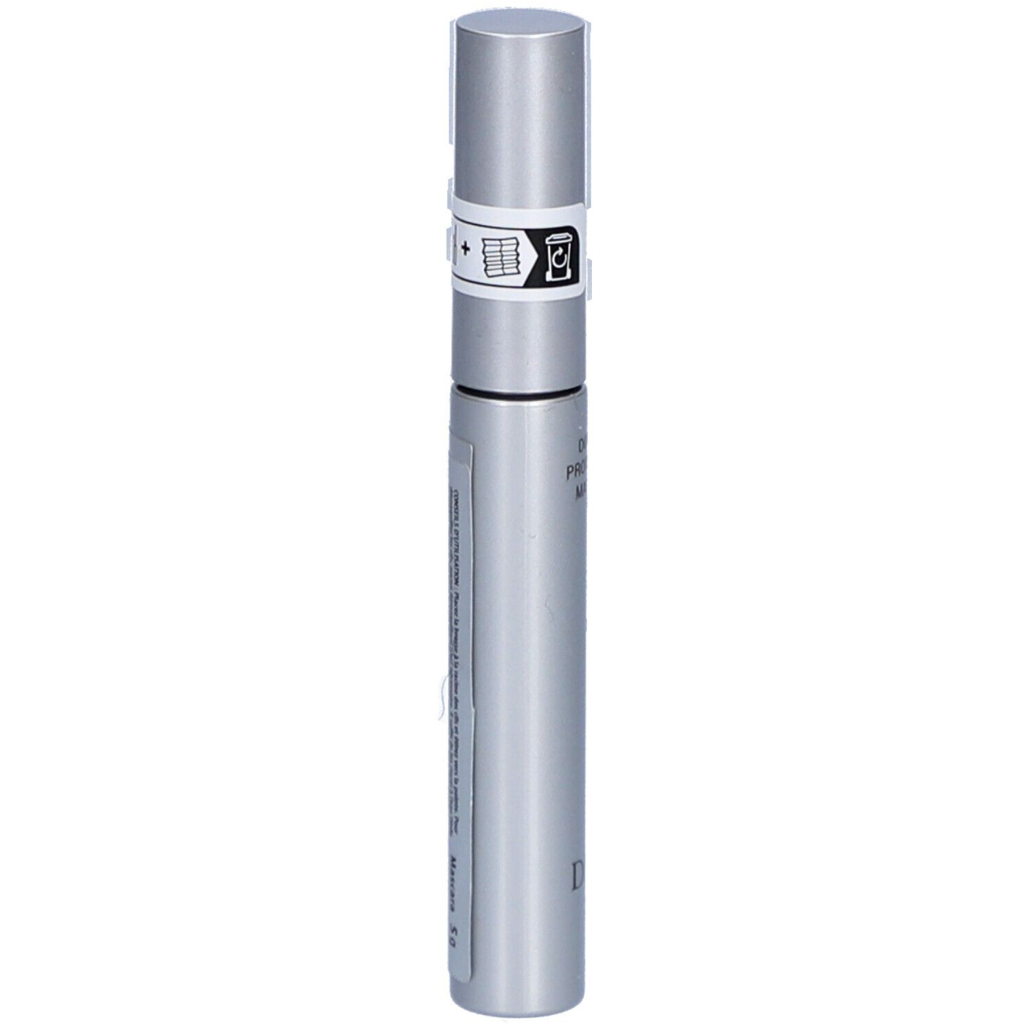 Silberfarbene Mascarahülse mit schwarzer Schrift. Aufschrift: DOUBLE PROTECTION MASCARA. Ein Siegel auf dem Deckel.