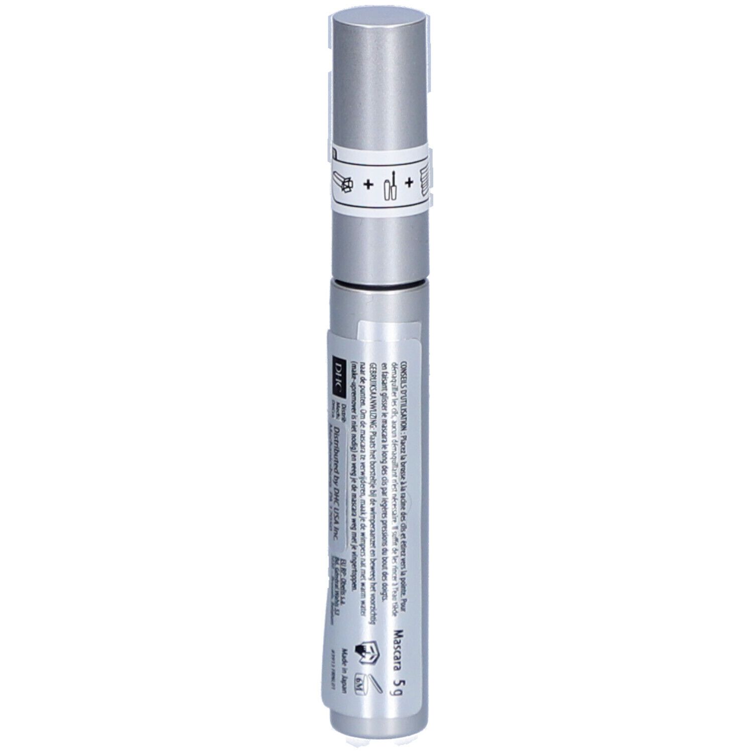 Silberfarbene Mascarahülse mit schwarzer Schrift. Aufschrift: DOUBLE PROTECTION MASCARA. Ein Siegel auf dem Deckel. Text auf der Rückseite.