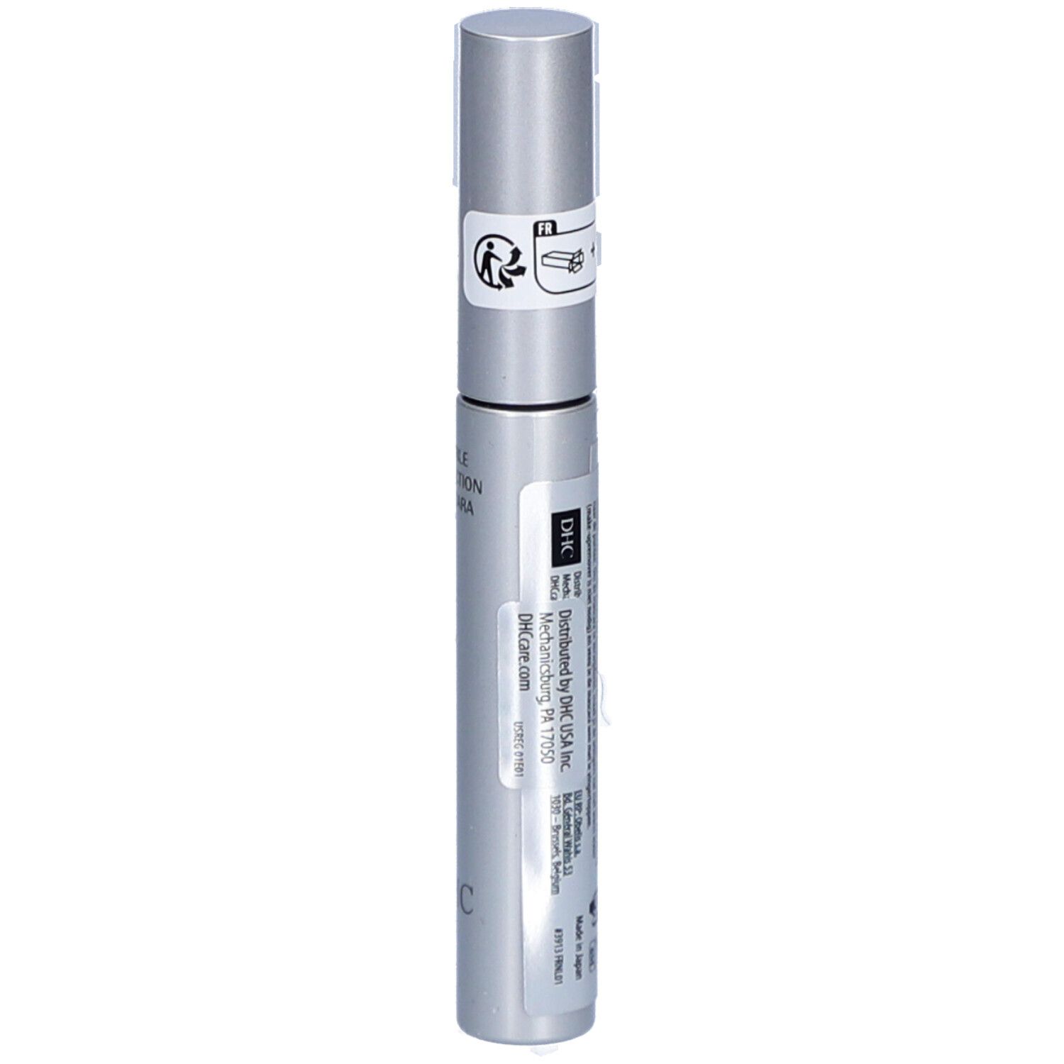 Silberfarbene Mascarahülse mit schwarzer Schrift. Aufschrift: DOUBLE PROTECTION MASCARA und DHC. Ein Siegel auf dem Deckel.