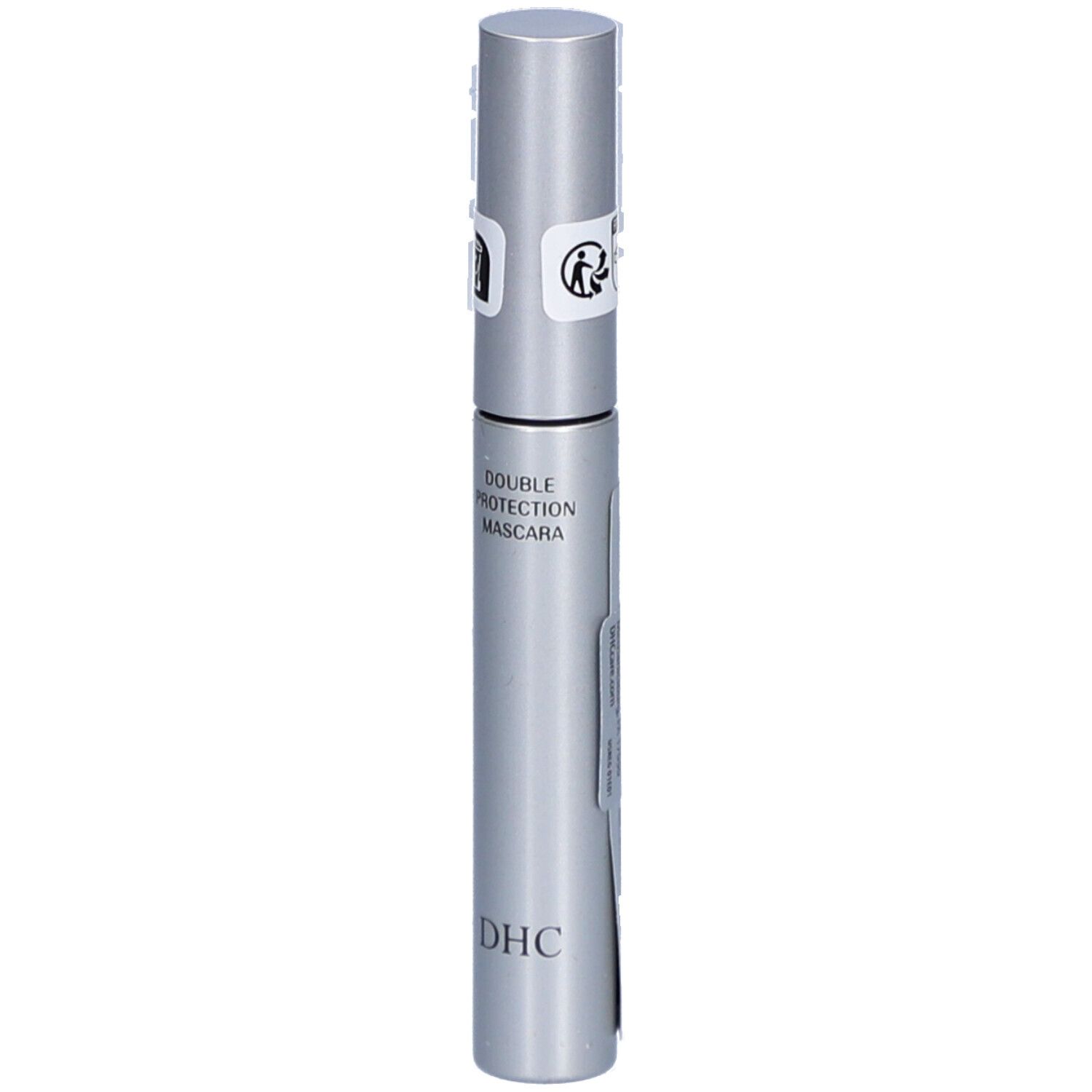 Silberfarbene Mascarahülse mit schwarzer Schrift. Aufschrift: DOUBLE PROTECTION MASCARA und DHC. Zwei Siegel auf dem Deckel.