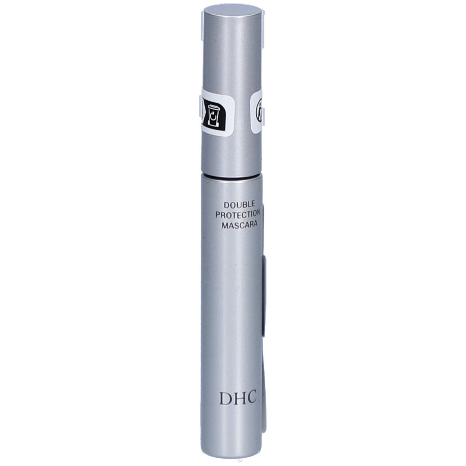 Silberfarbene Mascarahülse mit schwarzer Schrift. Aufschrift: DOUBLE PROTECTION MASCARA und DHC. Zwei Siegel auf dem Deckel.
