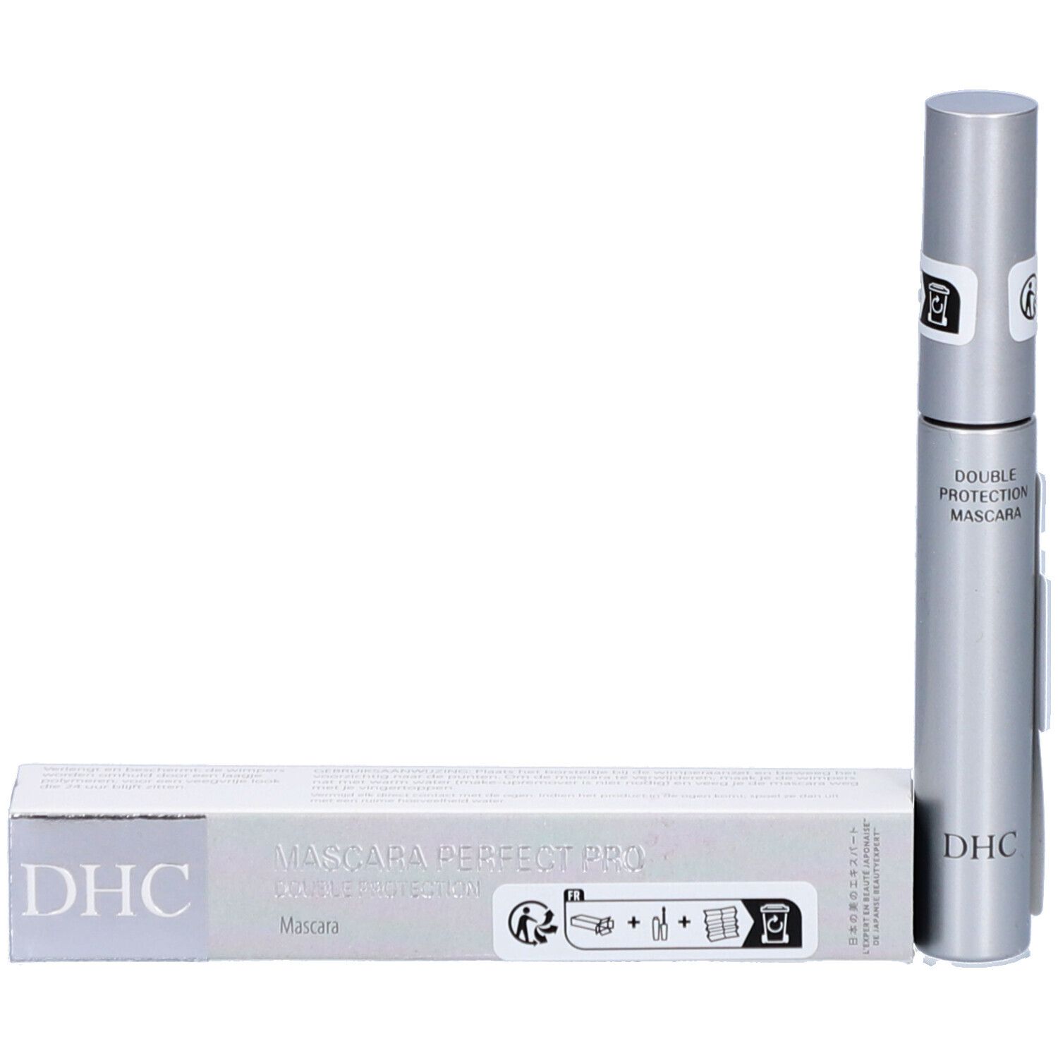 Mascarahülse und Verpackung. Verpackung: weiß mit schwarzer Schrift. Aufschrift: DHC, MASCARA PERFECT PRO. Mascarahülse: silberfarben.