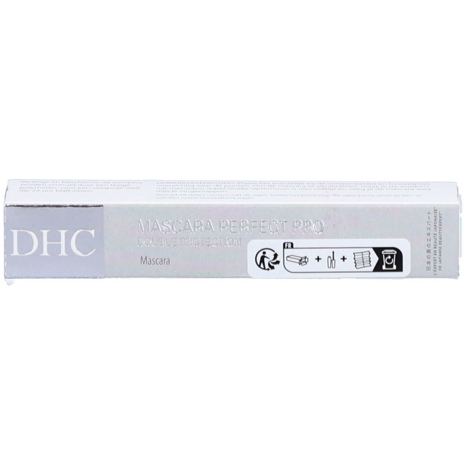 Weiße Verpackung mit schwarzer Schrift. Aufschrift: DHC, MASCARA PERFECT PRO. Abbildung eines Mascarastifts und Piktogramme.