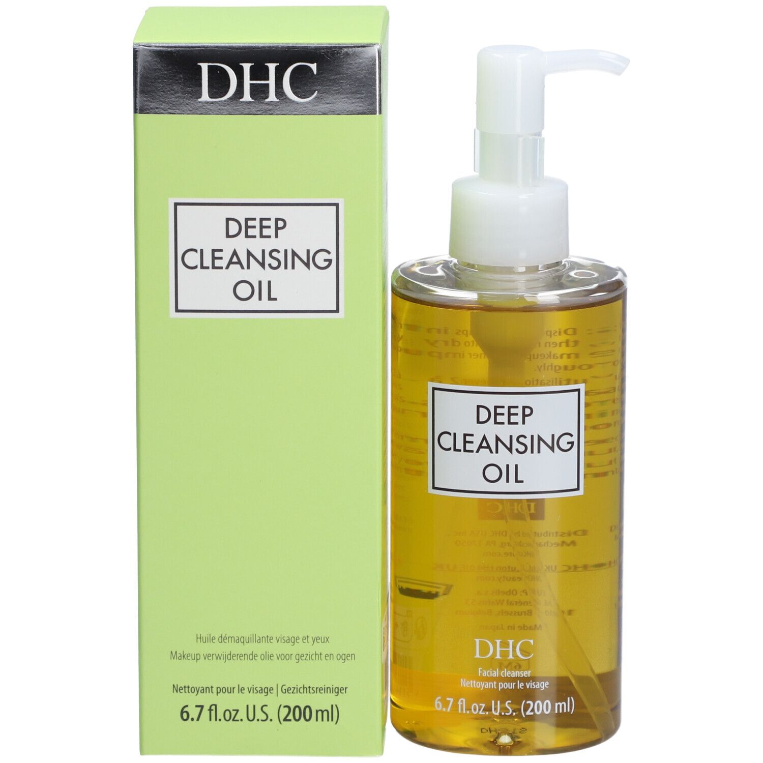 Emballage vert et flacon. Emballage avec « Deep Cleansing Oil » et « DHC ». Flacon avec pompe.