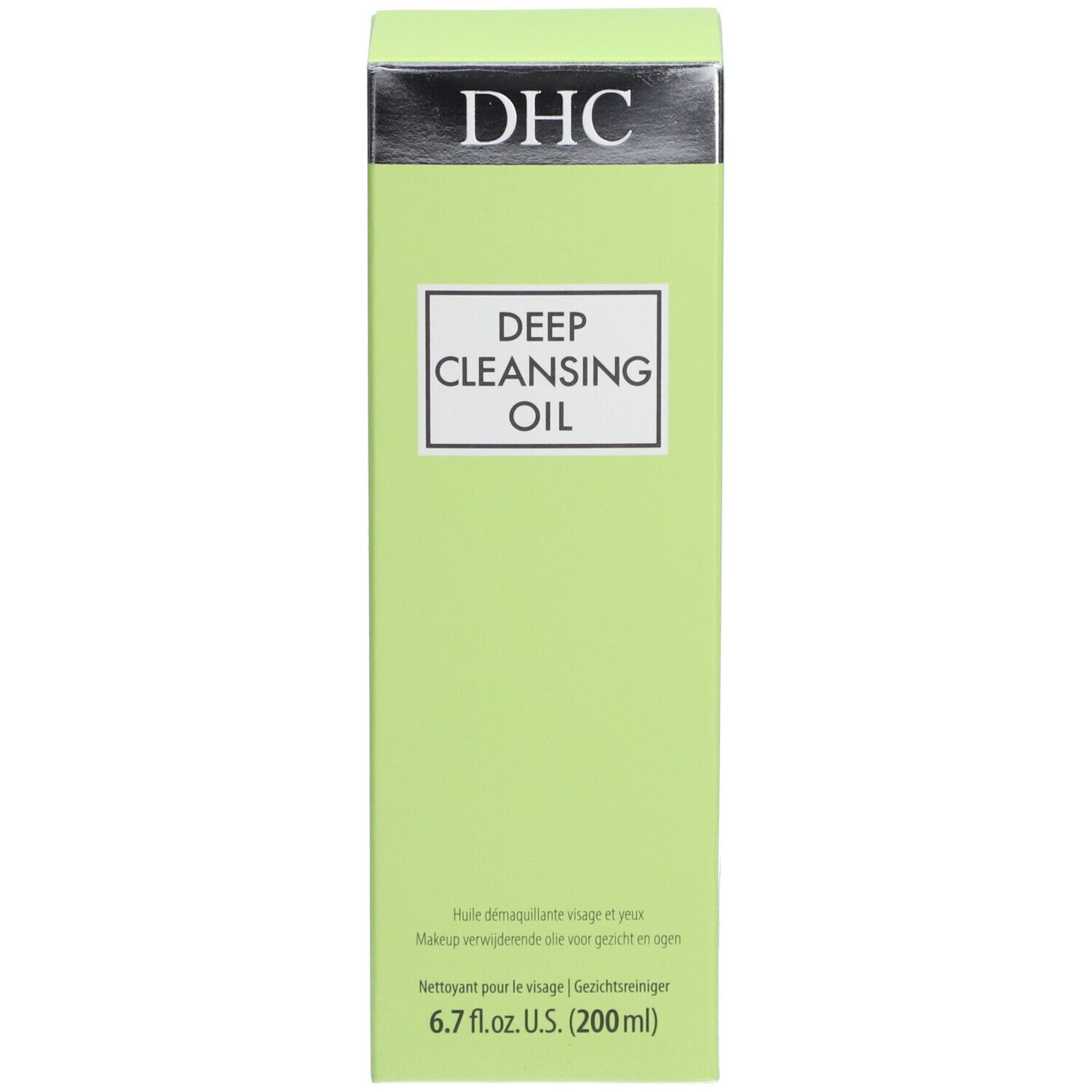 Emballage vert avec « Deep Cleansing Oil » et « DHC ». Texte sur l'emballage.