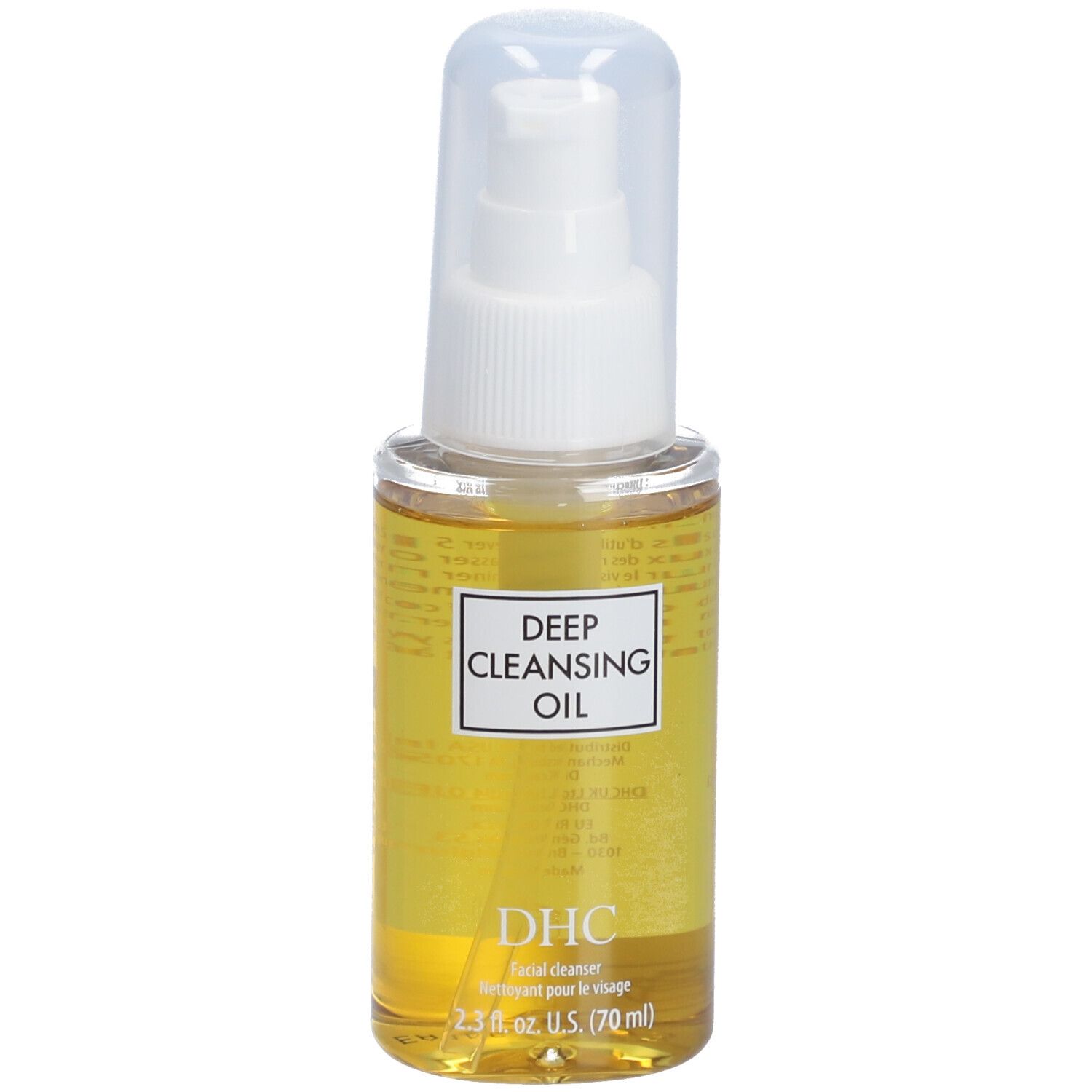 Huile claire dans un flacon transparent avec pompe blanche. Inscription : Deep Cleansing Oil, DHC.