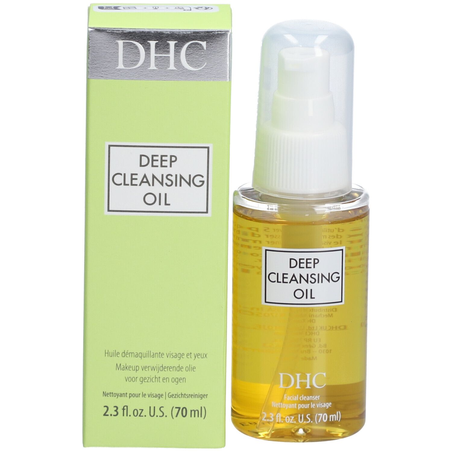 Emballage du produit avec flacon d'huile. Boîte verte avec texte blanc : Deep Cleansing Oil, DHC.