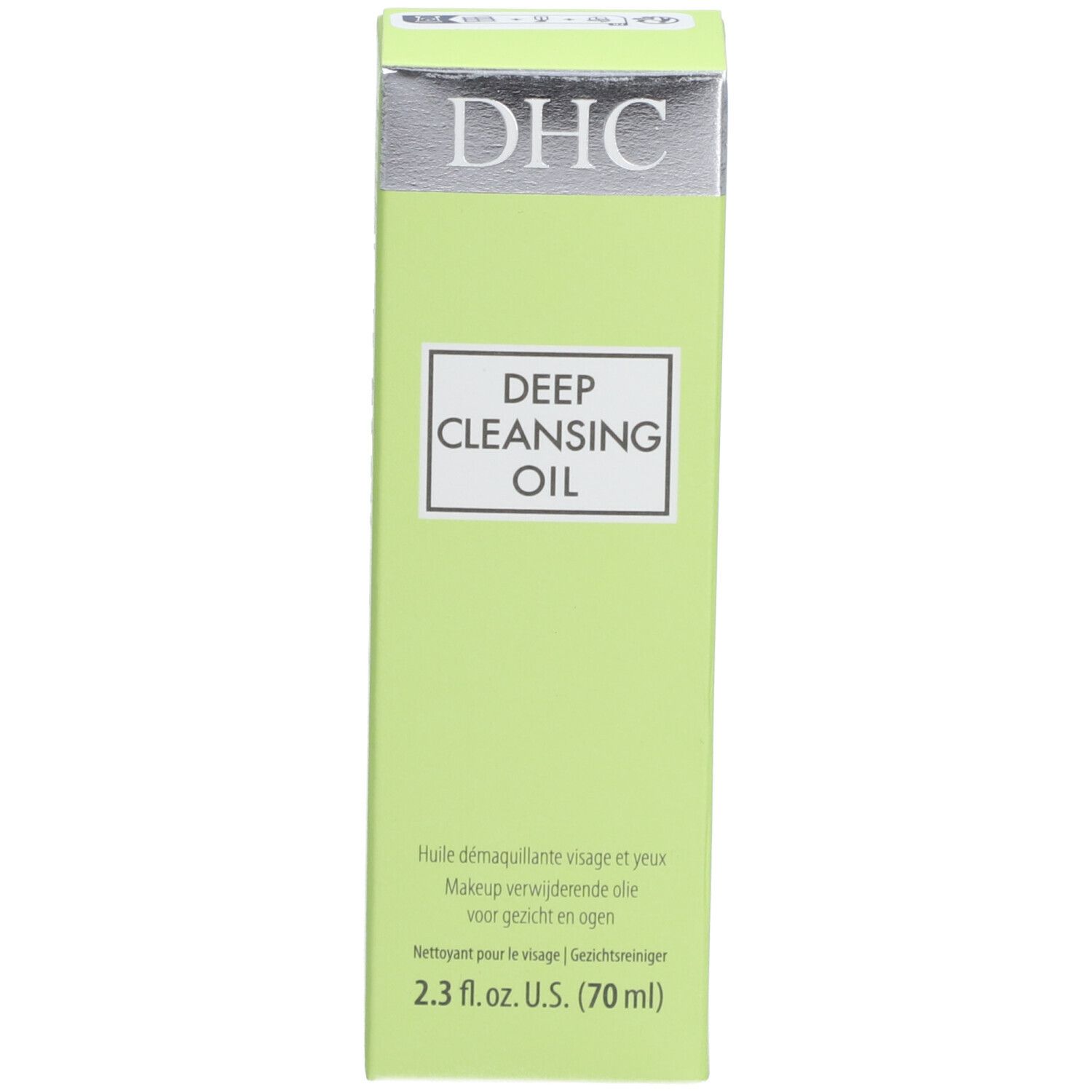 Emballage produit vert. Texte blanc : Deep Cleansing Oil. Logo DHC.