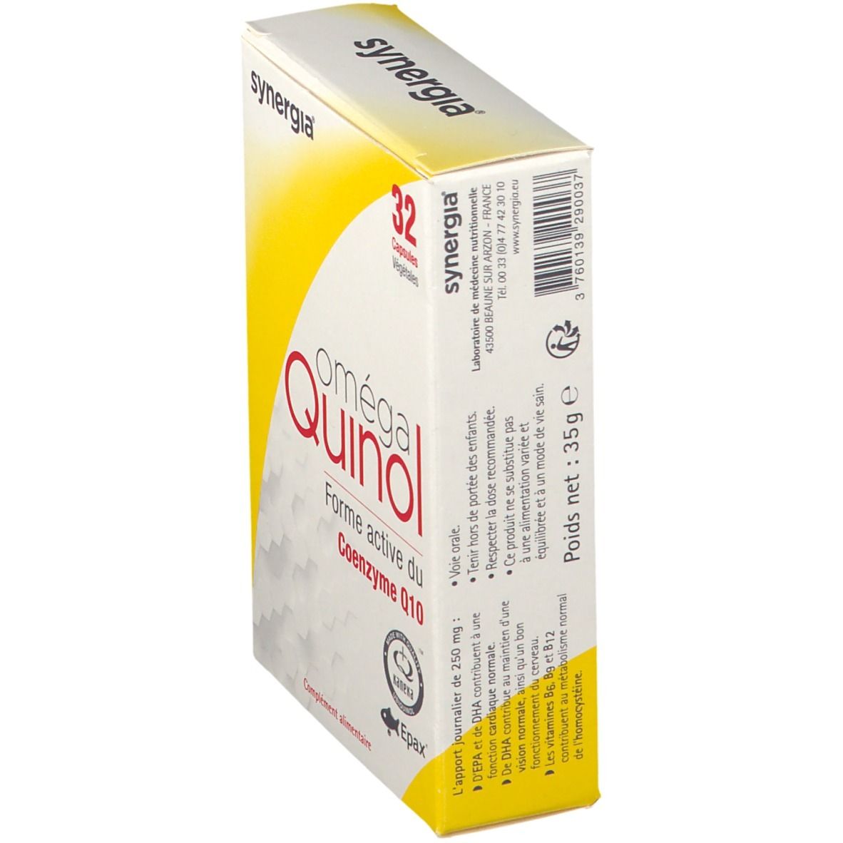 Karton mit 32 Kapseln. Aufschrift: oméga Quinol, Forme active du Coenzyme Q10. Marke: synergia. Mit EPAX- und Kaneka-Logo. Gewicht: 35g.