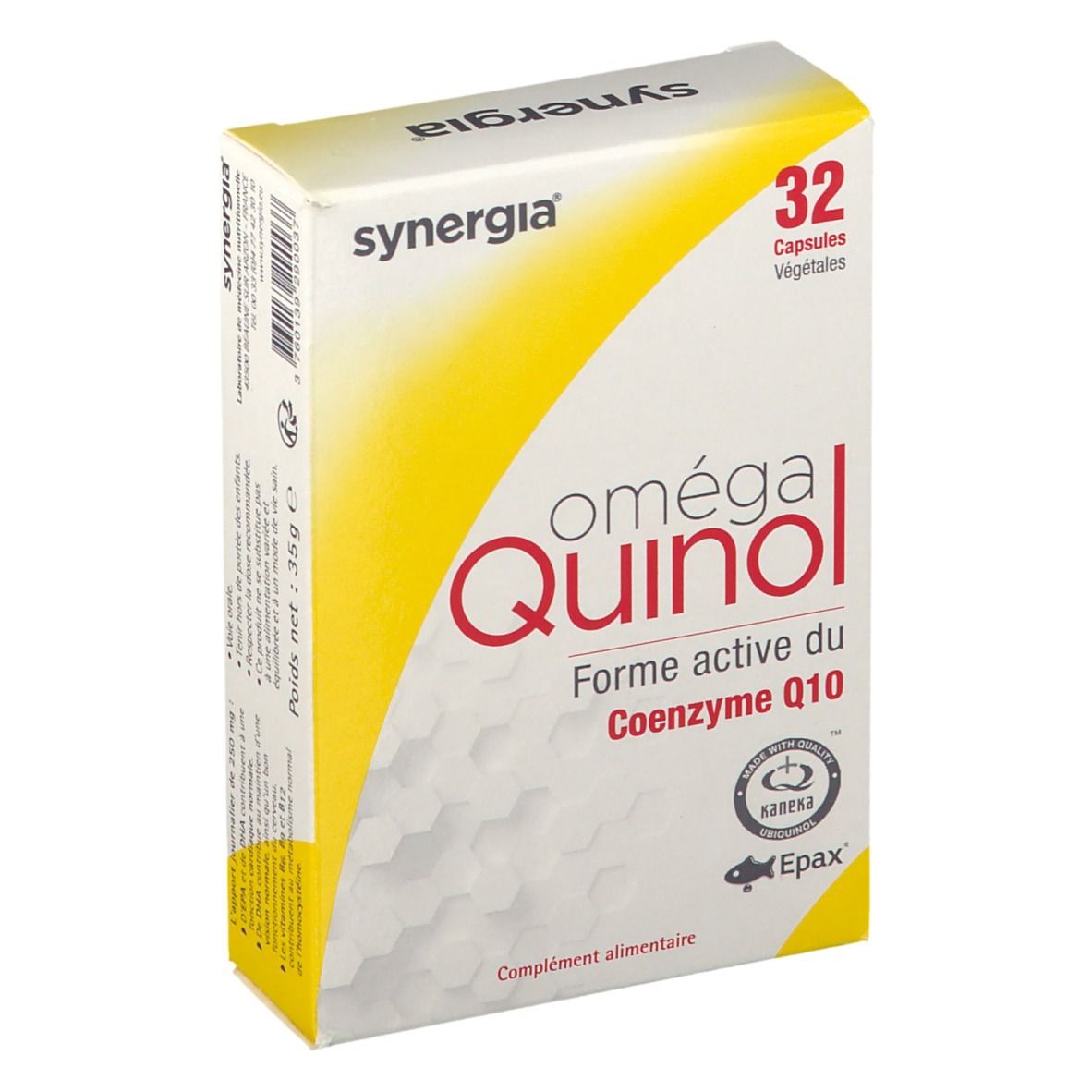 Karton mit 32 Kapseln. Aufschrift: oméga Quinol, Forme active du Coenzyme Q10. Marke: synergia. Mit EPAX- und Kaneka-Logo. Gewicht: 35g.