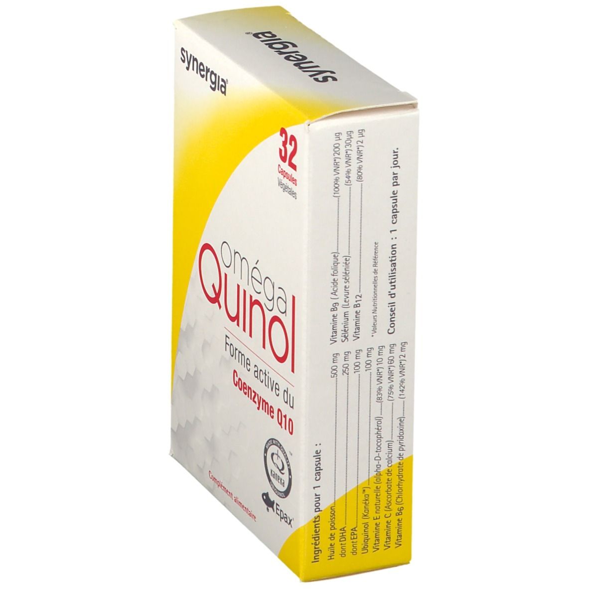Karton mit 32 Kapseln. Aufschrift: oméga Quinol, Forme active du Coenzyme Q10. Marke: synergia. Mit EPAX- und Kaneka-Logo. Inhaltsstoffe.