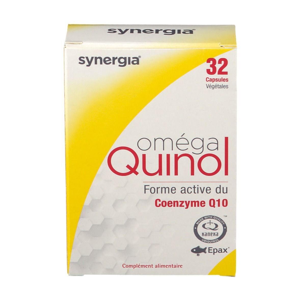 Karton mit 32 Kapseln. Aufschrift: oméga Quinol, Forme active du Coenzyme Q10. Marke: synergia. Mit EPAX- und Kaneka-Logo.