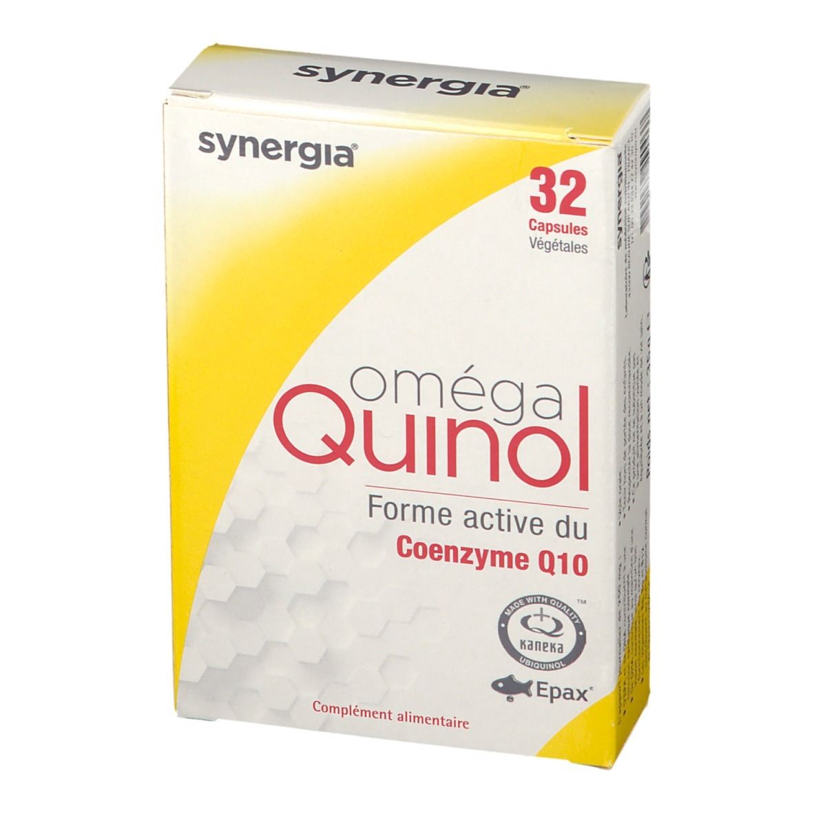Karton mit 32 Kapseln. Aufschrift: oméga Quinol, Forme active du Coenzyme Q10. Marke: synergia. Mit EPAX- und Kaneka-Logo.