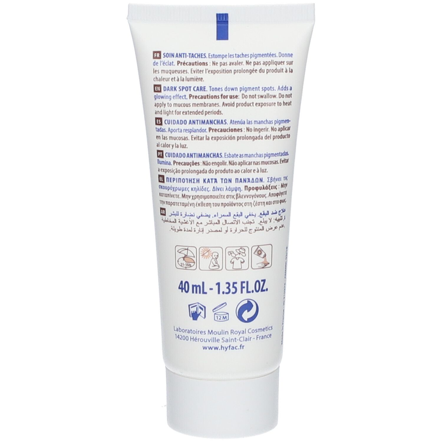 Dos du tube de crème HYFAC Clarifac. Texte multilingue. Contient des informations sur le produit.
