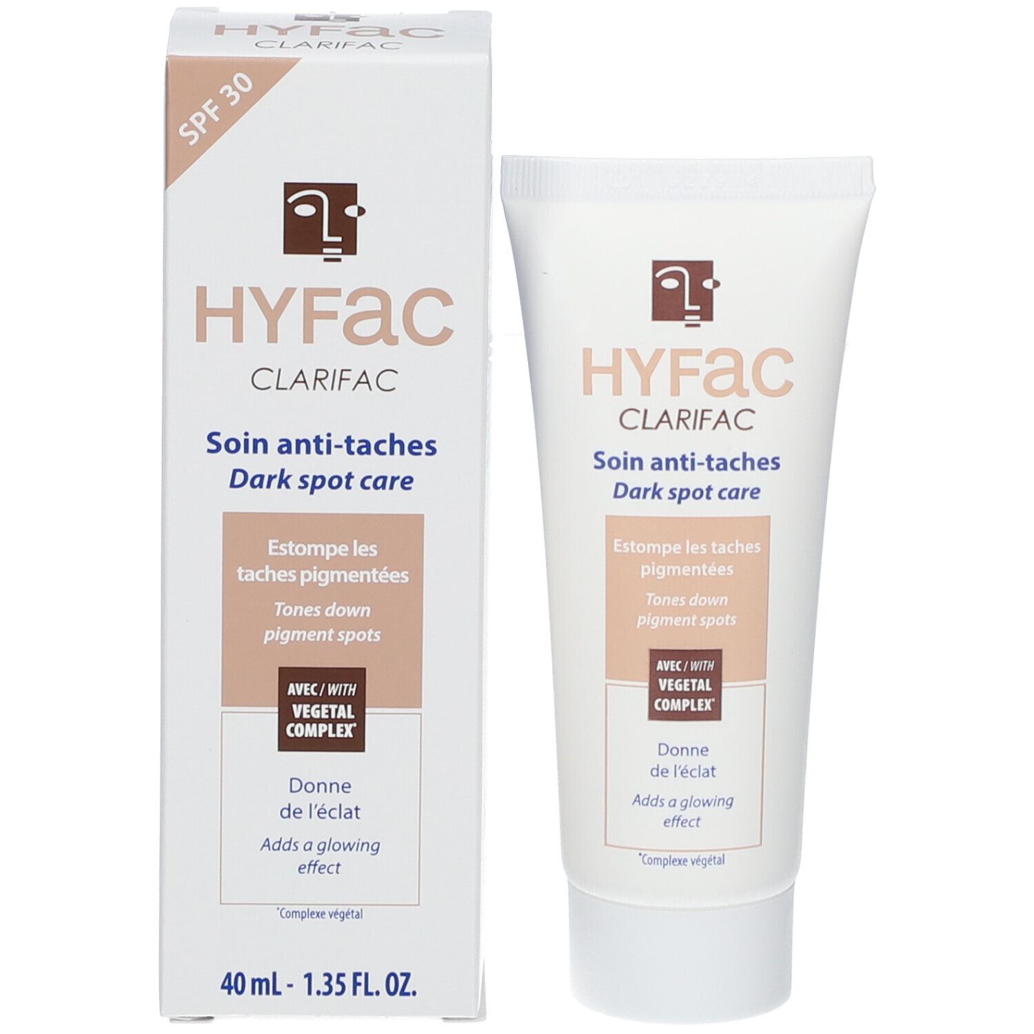 Crème et emballage HYFAC Clarifac. Tube et boîte. SPF 30. Produit pour les taches pigmentaires.