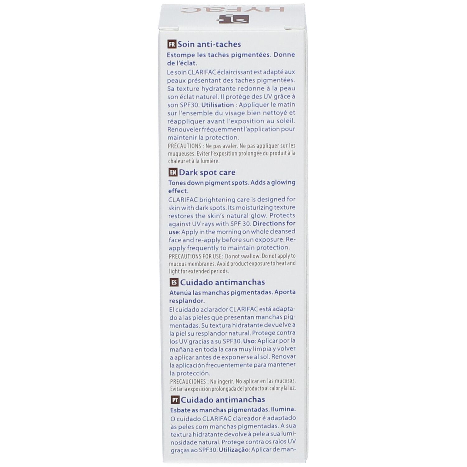 Côté de l'emballage HYFAC Clarifac. Texte multilingue. Contient des informations sur le produit.