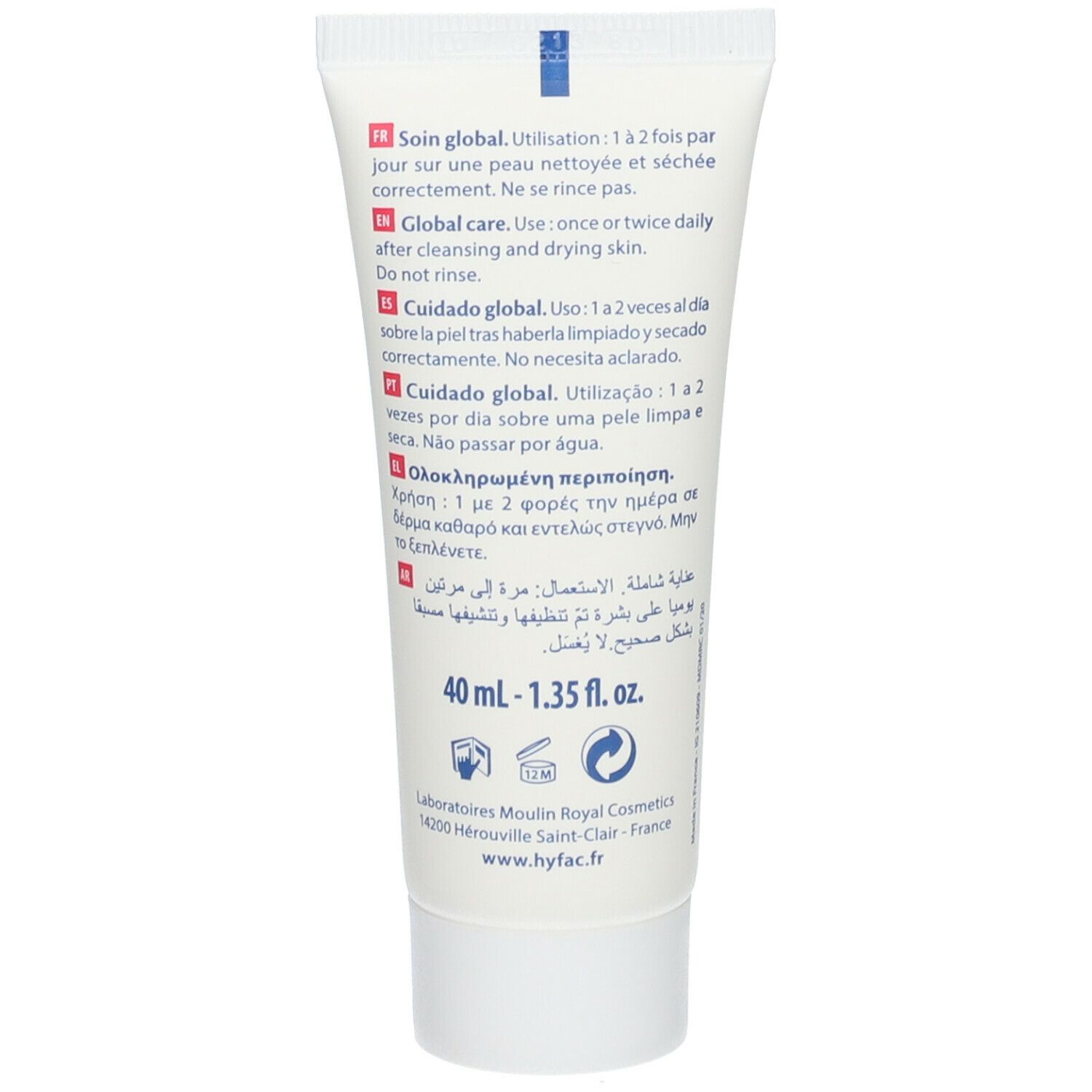 Dos du tube de crème HYFAC WOMAN. Texte multilingue: utilisation, ingrédients, 40 ml.