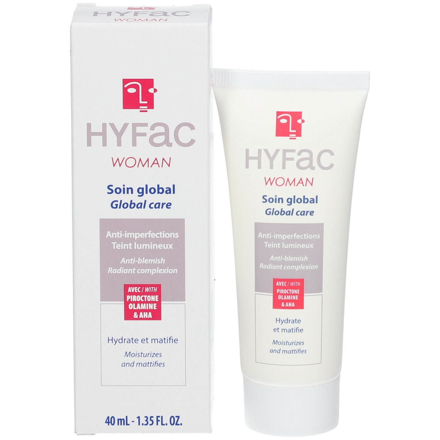 Tube et boîte de crème HYFAC WOMAN. Blanc, accents violets et rouges. Texte: Soin global, Anti-imperfections, 40 ml.