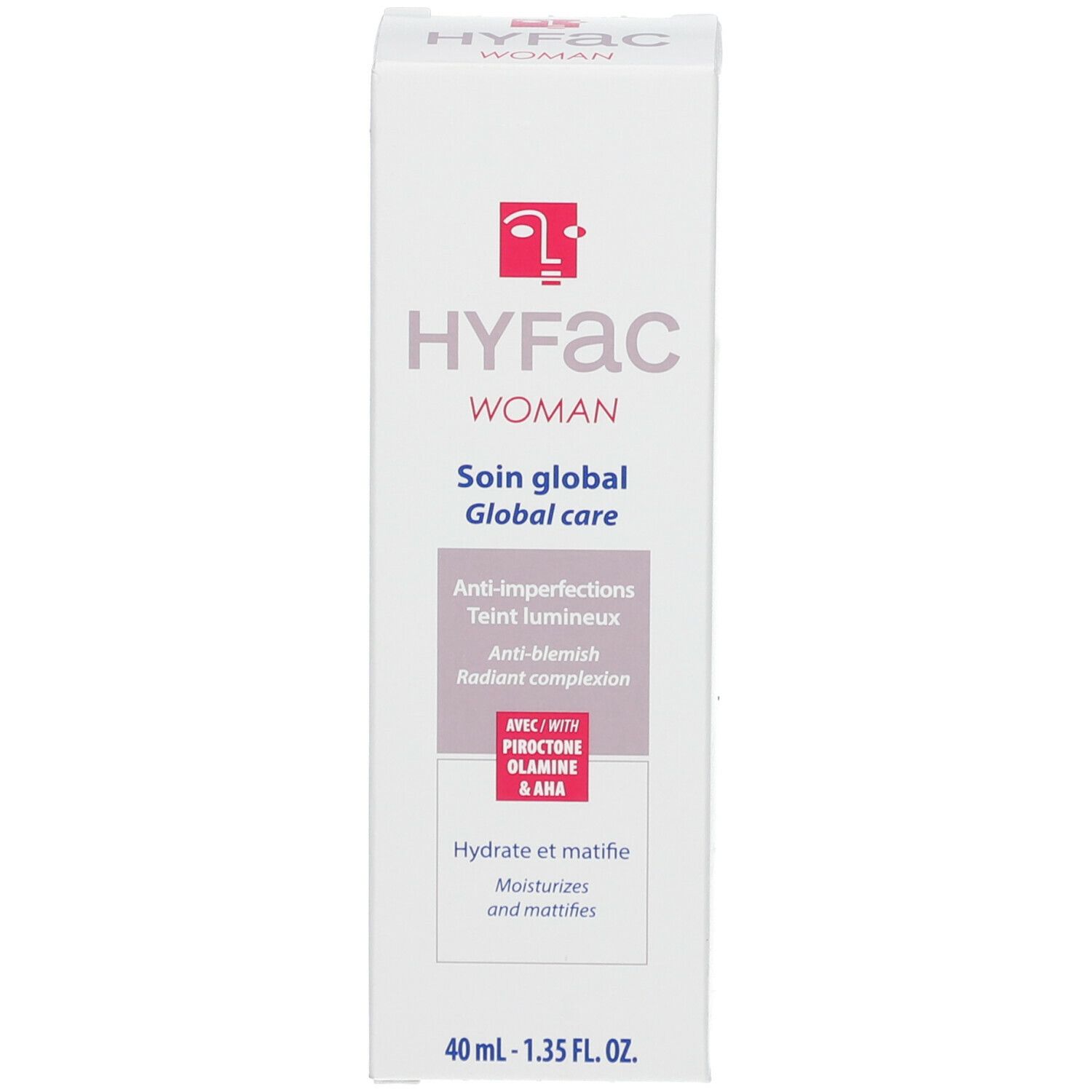 Boîte HYFAC WOMAN. Blanc, accents violets et rouges. Texte: Soin global, Anti-imperfections, 40 ml.