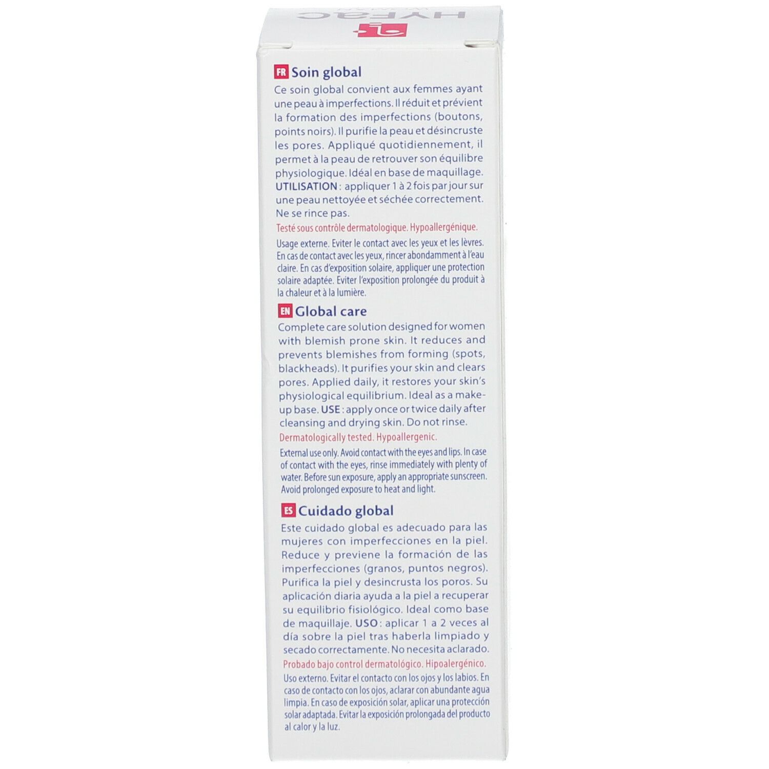 Côté de la boîte HYFAC WOMAN. Texte multilingue: utilisation, testé dermatologiquement, ingrédients.