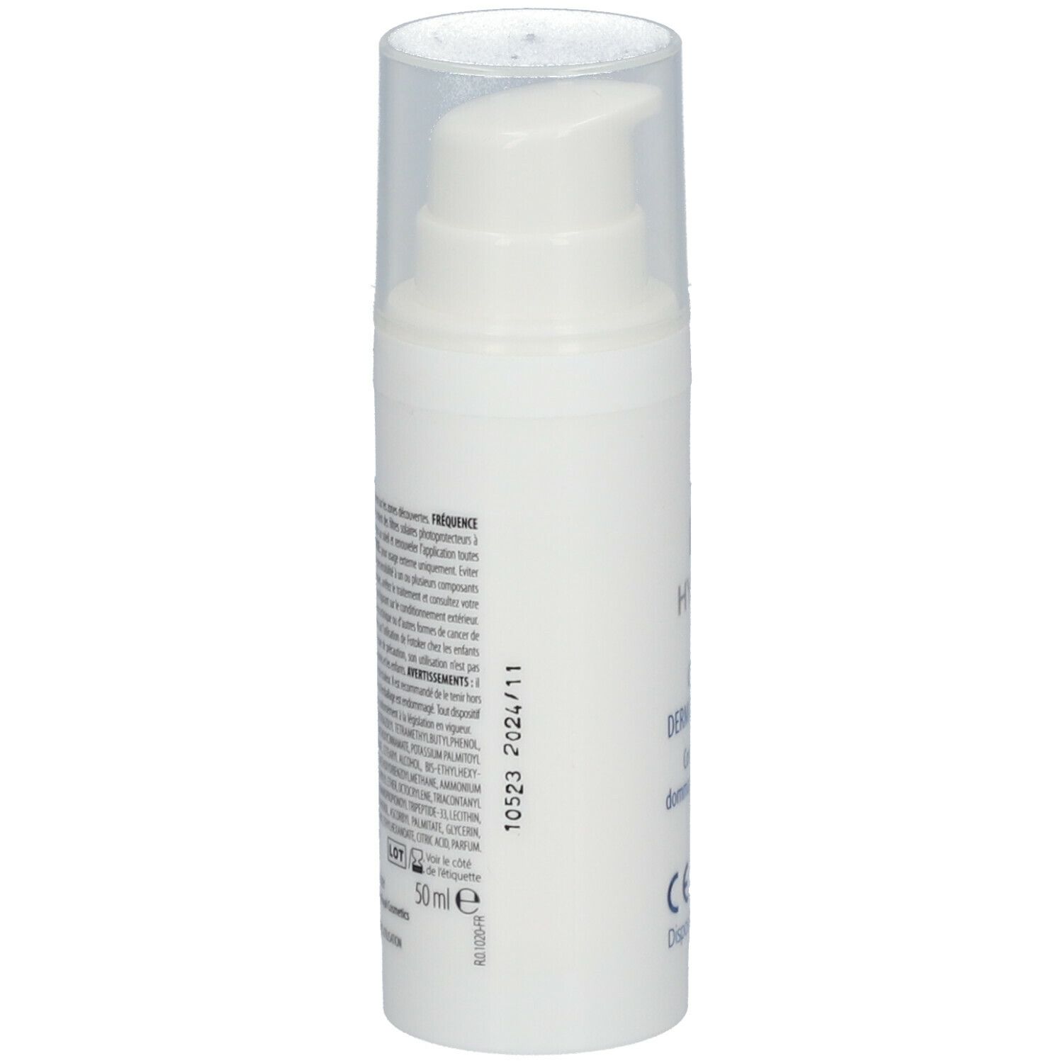 Flacon de crème blanc avec pompe. Inscription: 50 ml, texte en français.