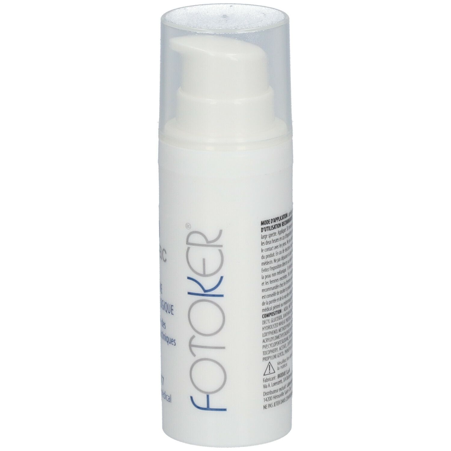 Flacon de crème blanc avec pompe. Inscription: FOTOKER, texte en français.