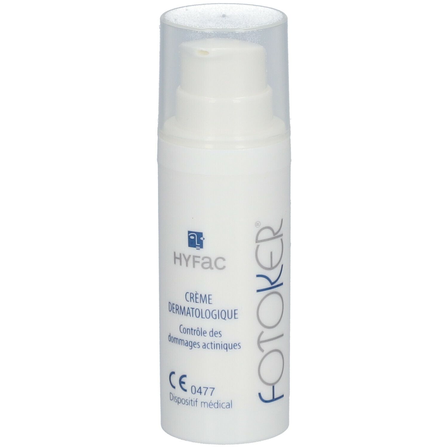 Flacon de crème blanc avec pompe. Inscription: HYFAC, Crème Dermatologique, FOTOKER, CE 0477.
