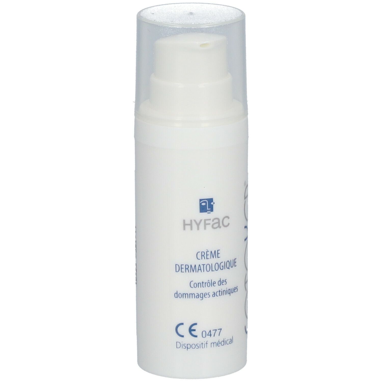 Flacon de crème blanc avec pompe. Inscription: HYFAC, Crème Dermatologique, FOTOKER, CE 0477.