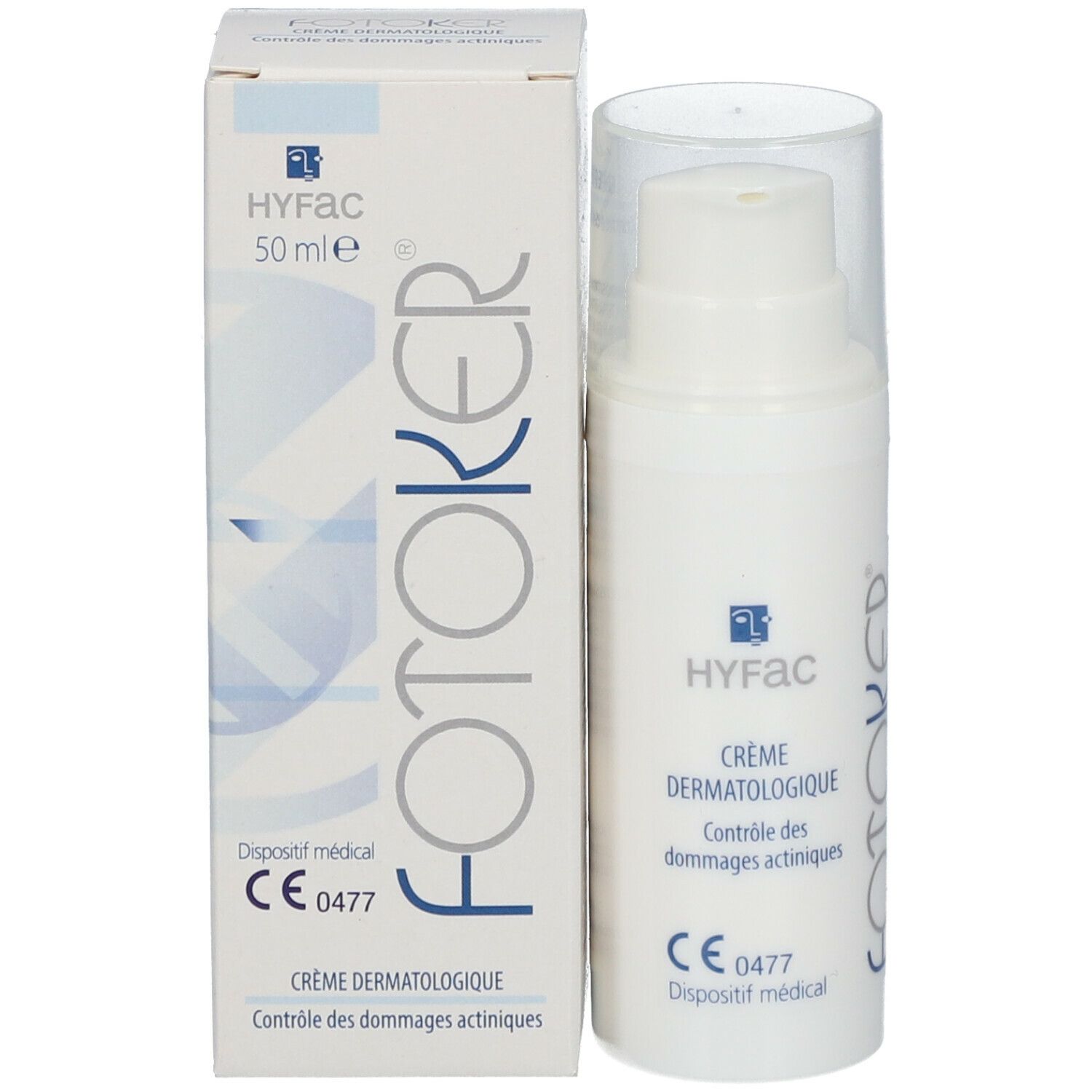 Flacon de crème blanc avec pompe et emballage. Inscription: HYFAC, FOTOKER, 50 ml, CE 0477.