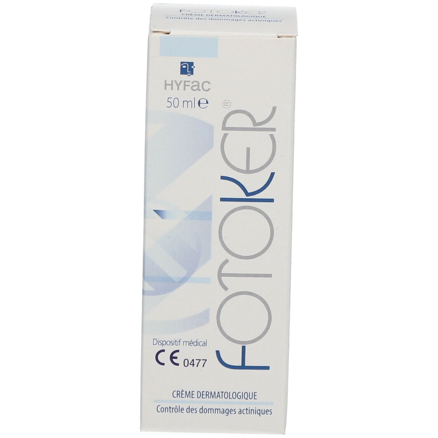 Emballage de crème. Inscription: HYFAC, FOTOKER, 50 ml, Crème Dermatologique, CE 0477.